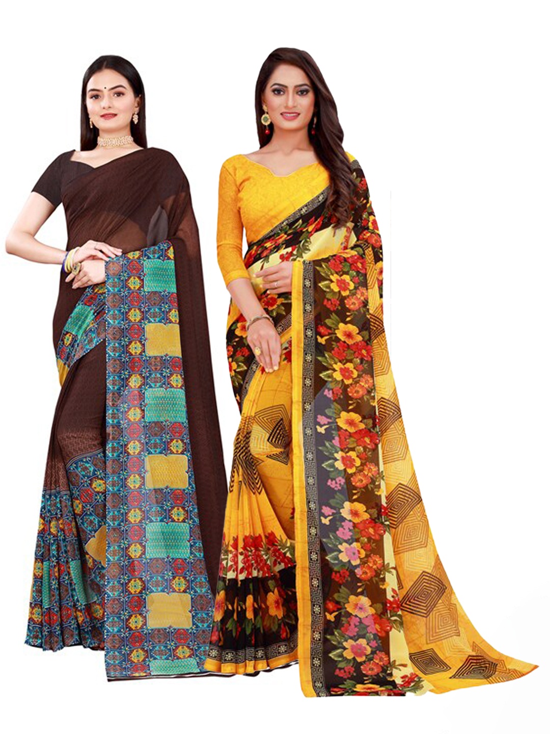 

Florence Yellow & Brown Pure Georgette Saree
