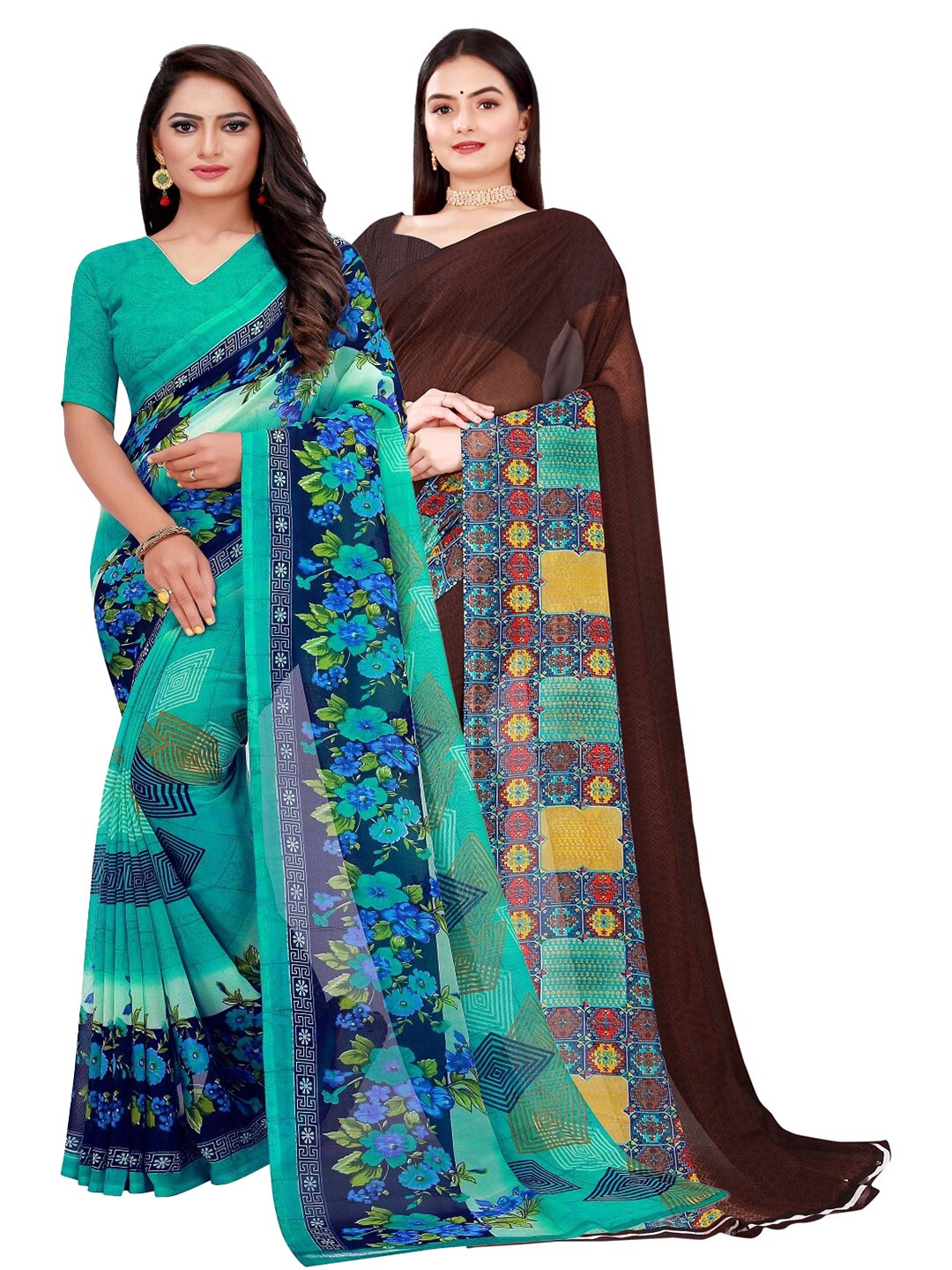

Florence Teal & Brown Pure Georgette Saree