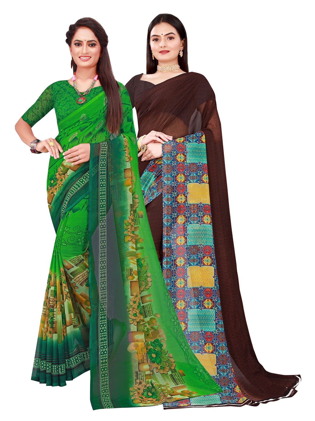Florence Brown & Green Pure Georgette Saree