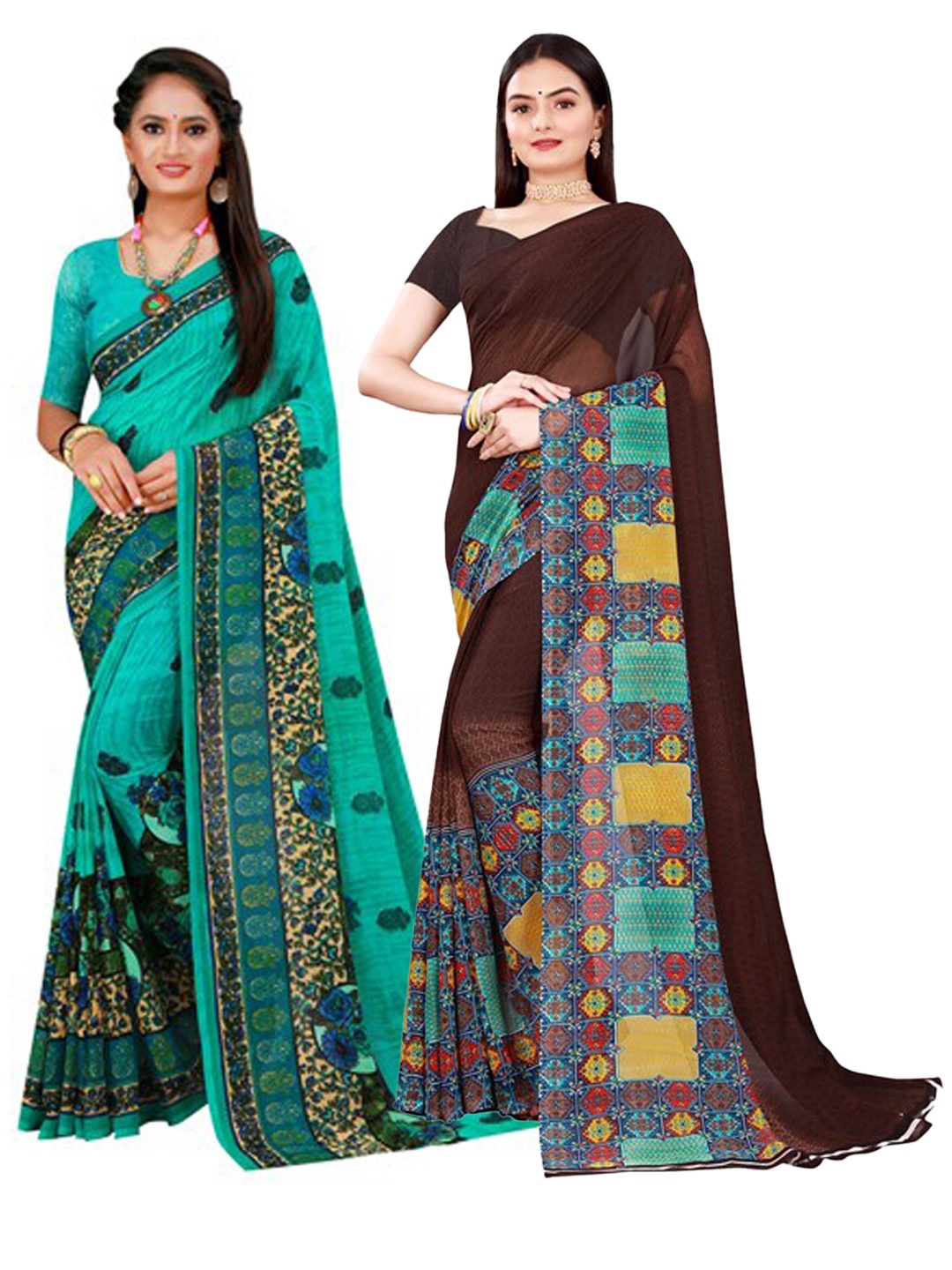 

Florence Brown & Blue Pure Georgette Saree