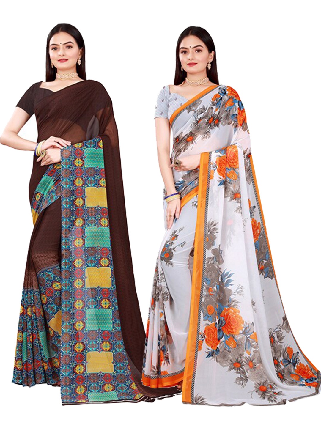 

Florence Brown & White Pure Georgette Saree