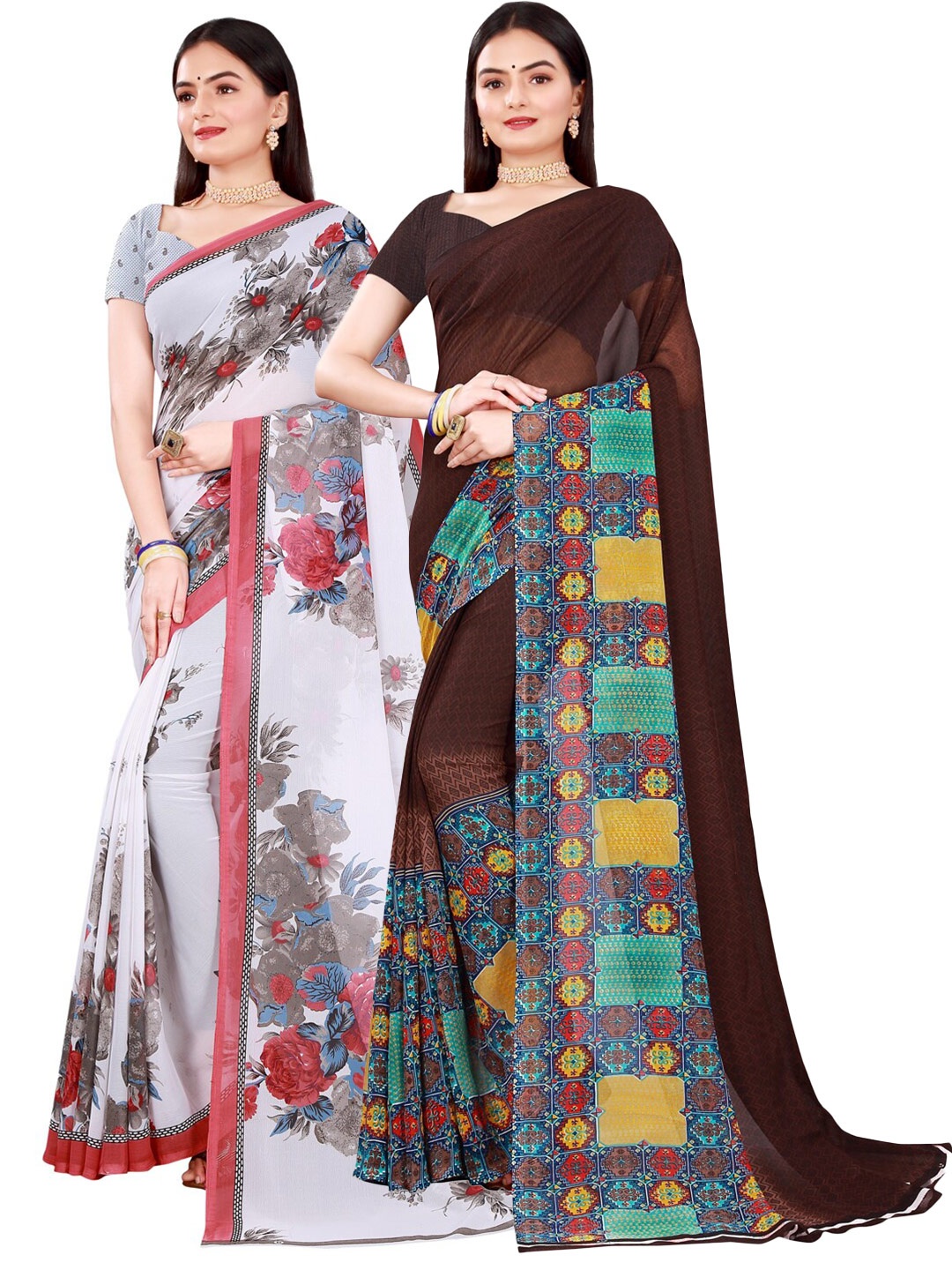 Florence Brown & White Pure Georgette Saree