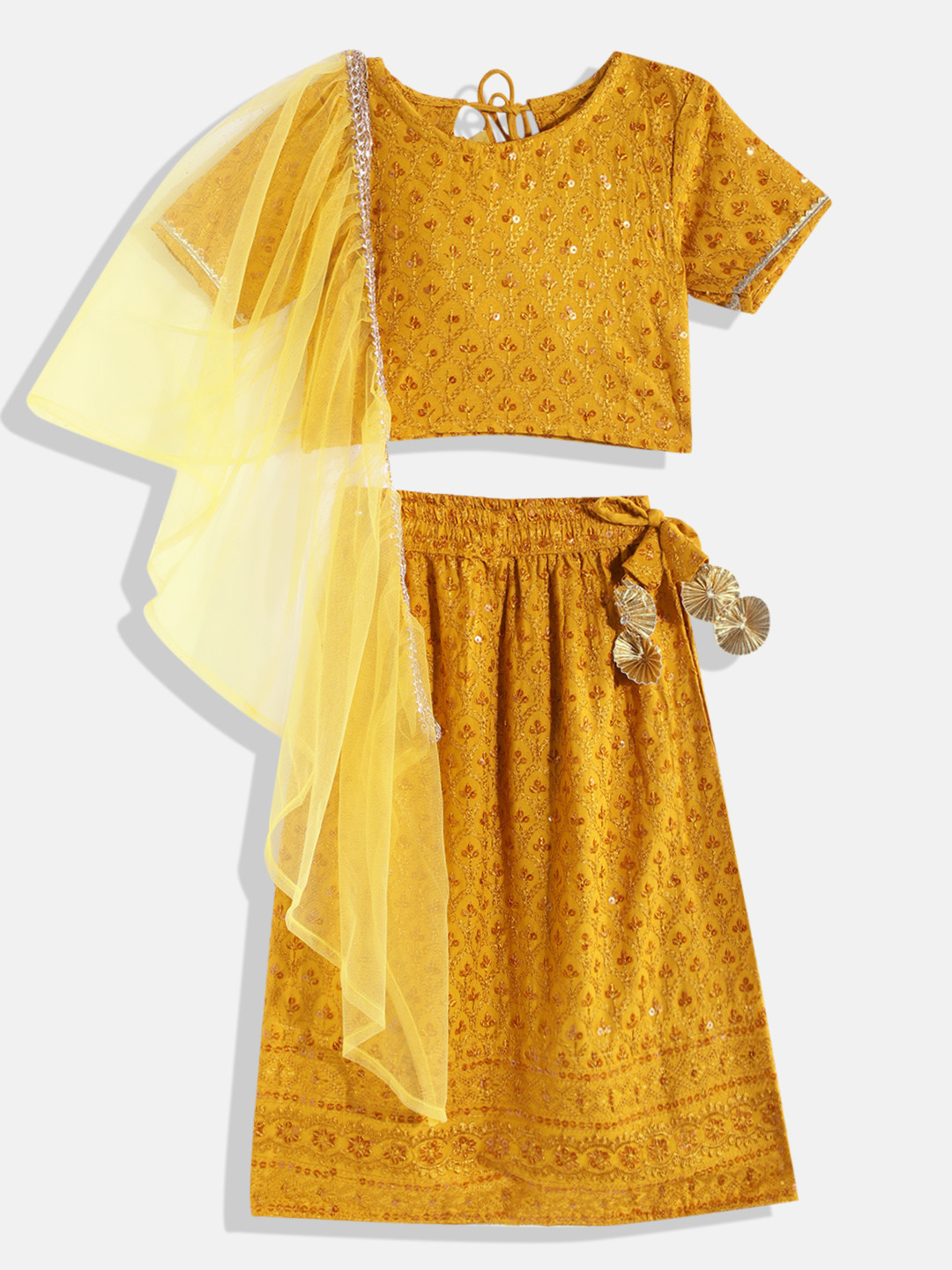 

Readiprint Fashions Girls Mustard & Yellow Embellished Sequinned Ready to Wear Lehenga & Blouse With Dupatta