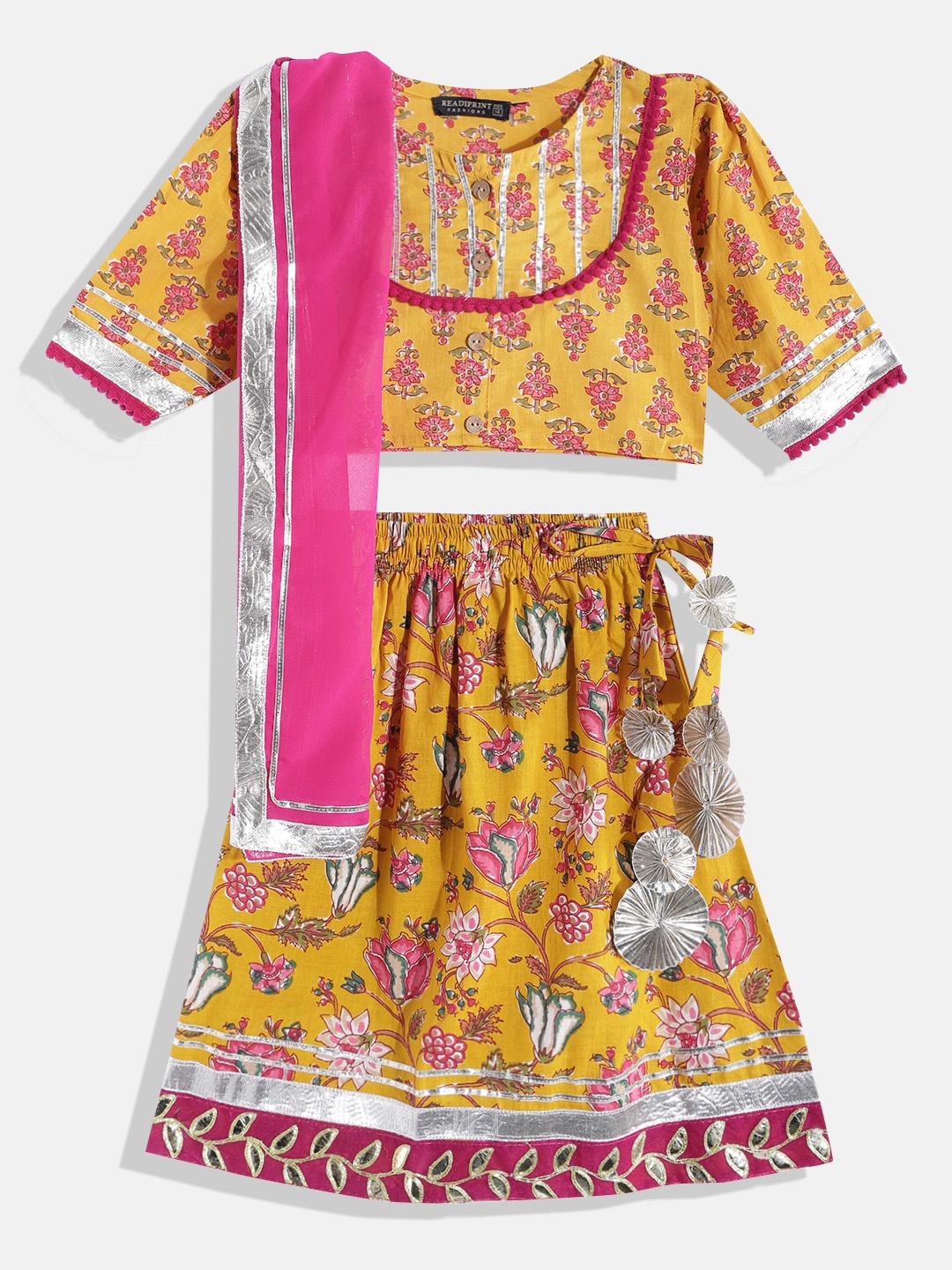 

Readiprint Fashions Girls Yellow Floral Cotton Ready to Wear Lehenga Blouse Dupatta