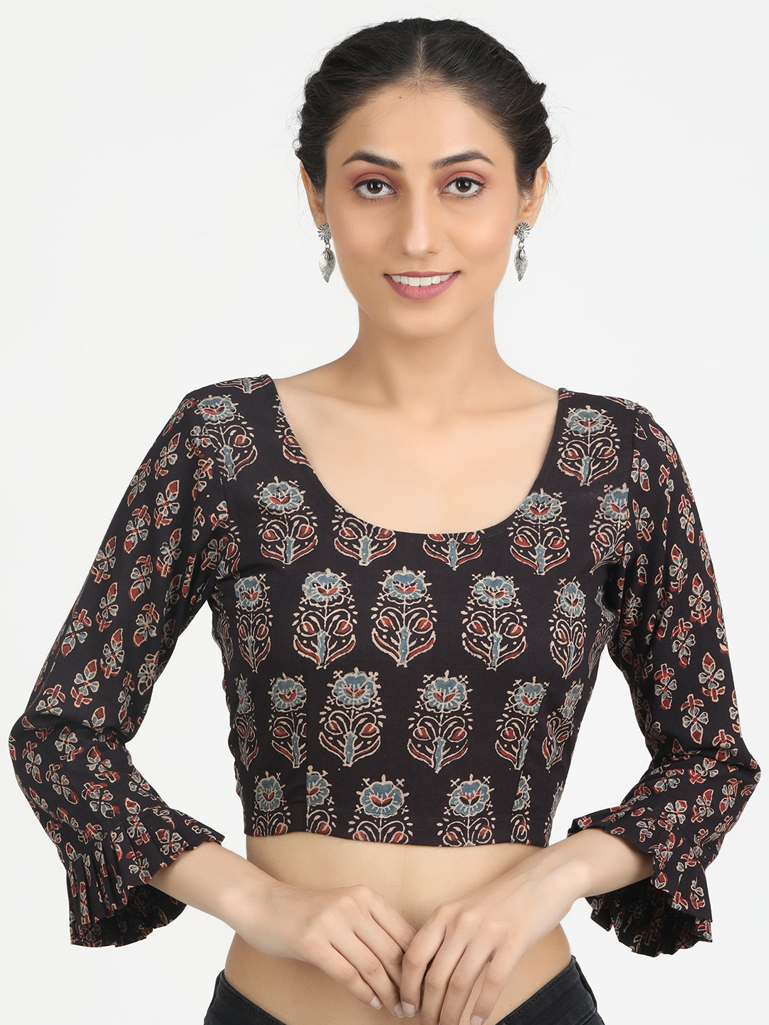 

Llajja Women Black Ajrakh Block Printed Cotton Saree Blouse