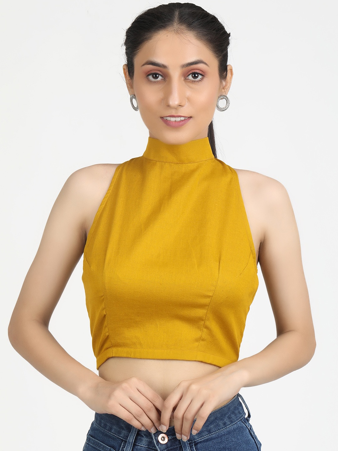 

Llajja Women Mustard Yellow Solid Cotton Saree Blouse