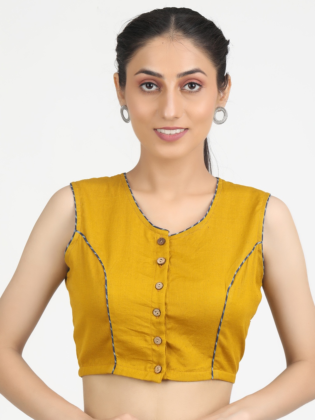 

Llajja Mustard Solid Pure Cotton Non Padded Saree Blouse