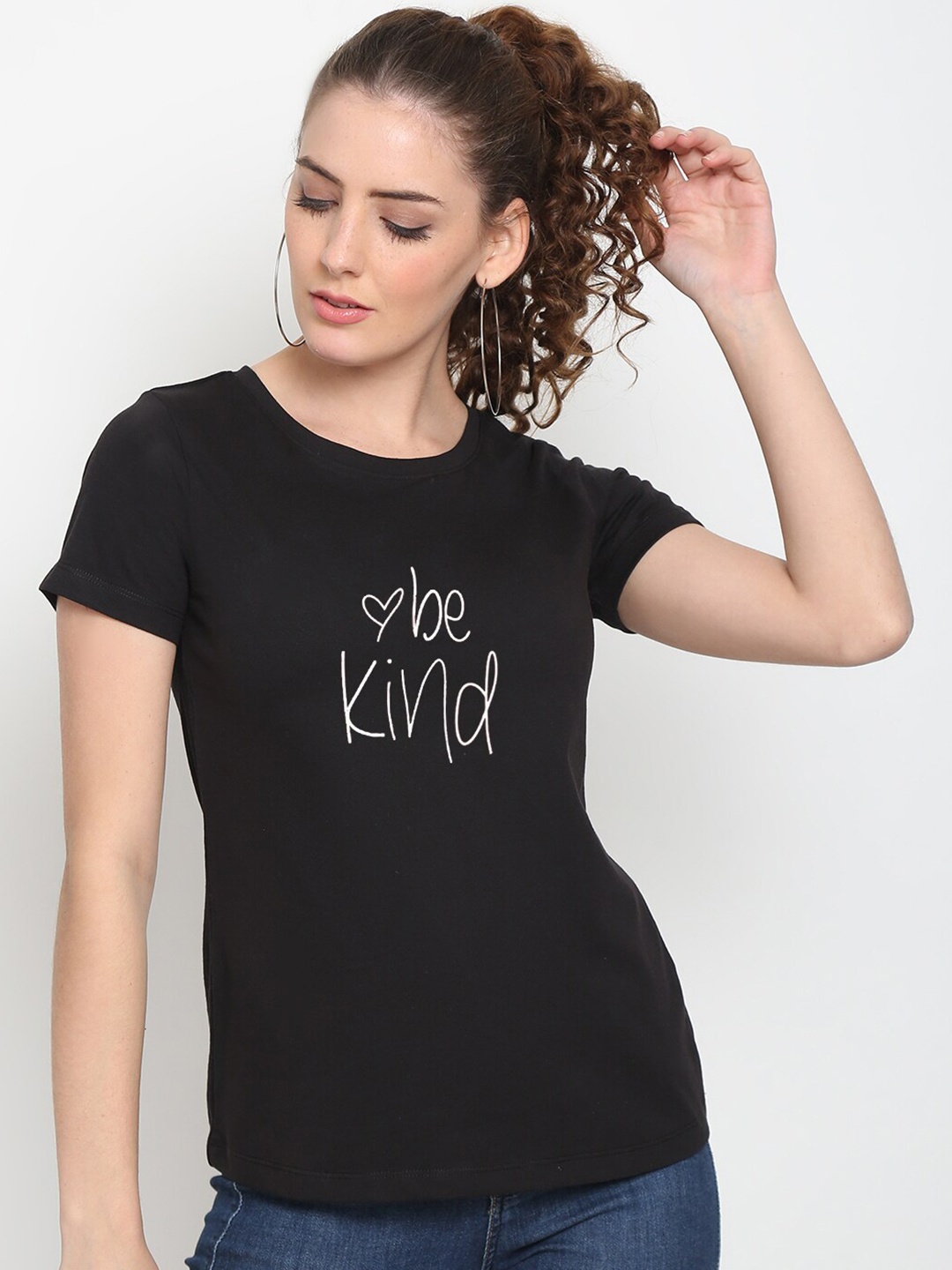 

UnaOne Women Plus Size Black Typography Printed Slim Fit Outdoor T-shirt