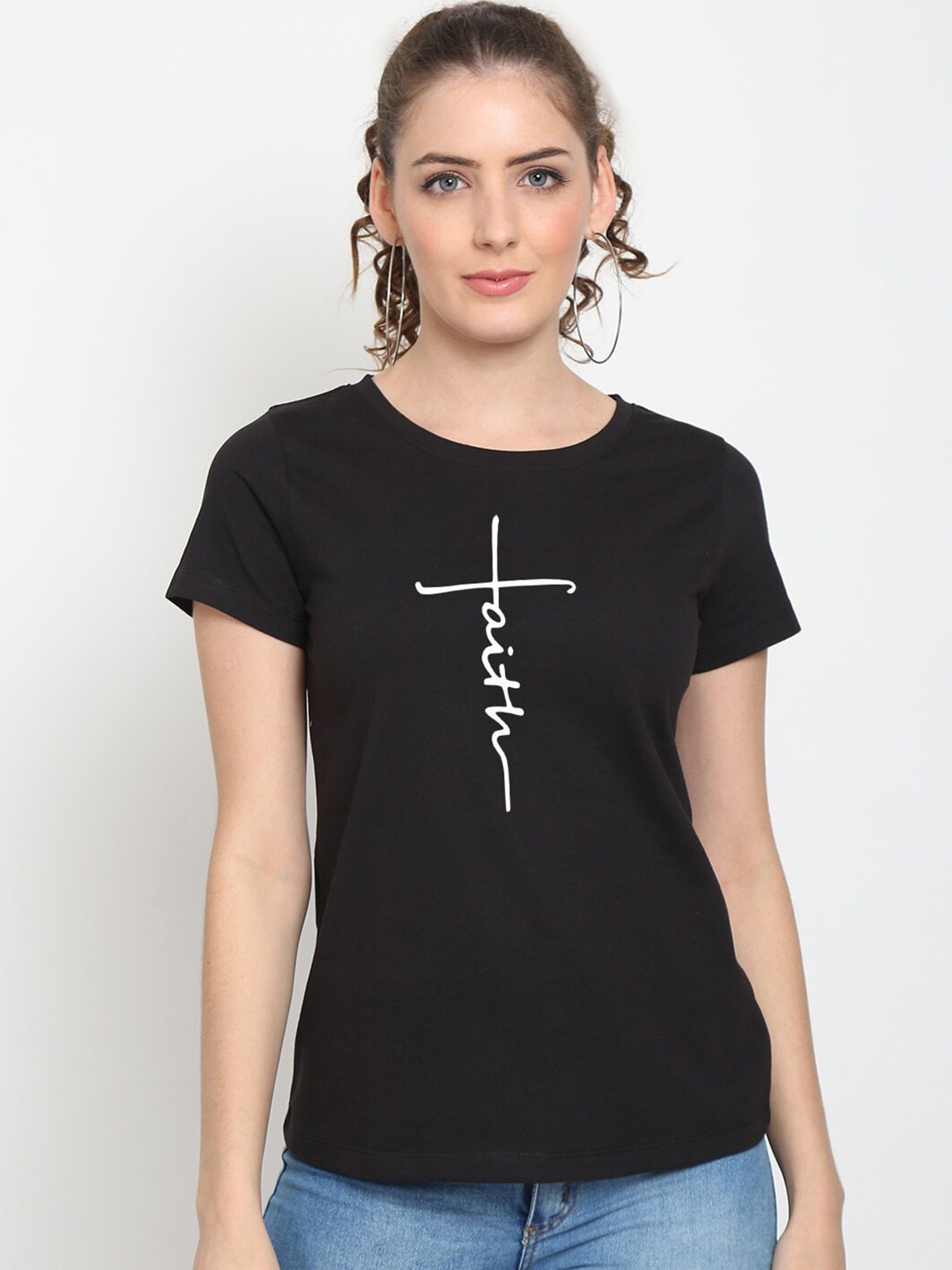 

UnaOne Women Black Printed Applique Slim Fit Plus Size Outdoor T-shirt