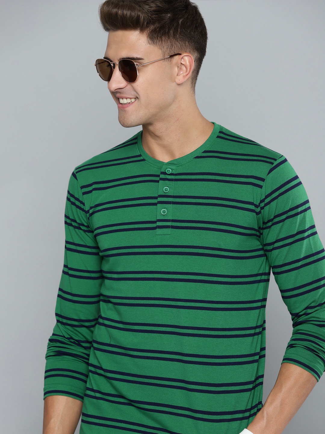 

HERE&NOW Men Green & Navy Blue Striped Henley Neck T-shirt