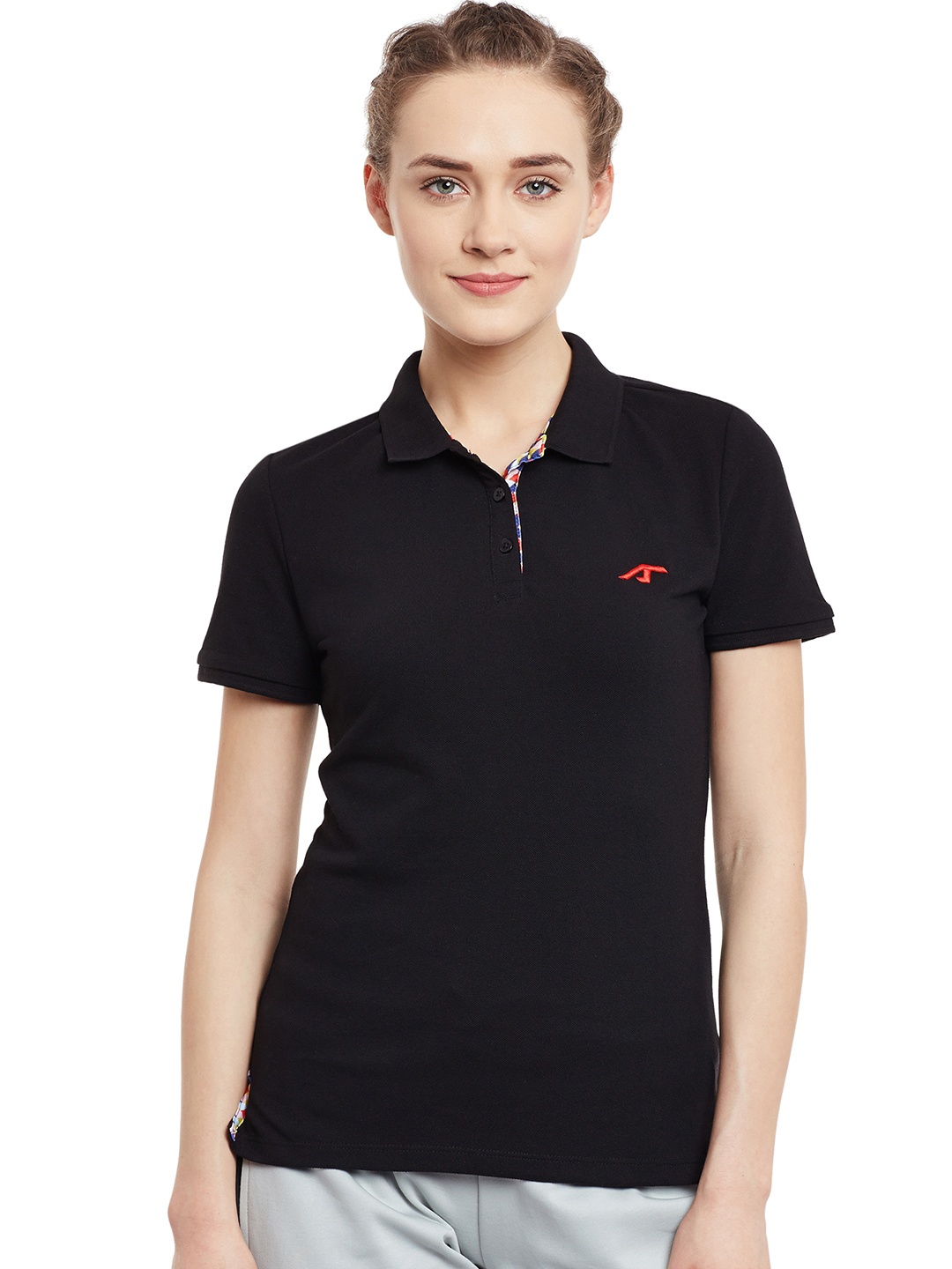 

Alcis Women Black Core Solid Slim Polo Collar T-shirt