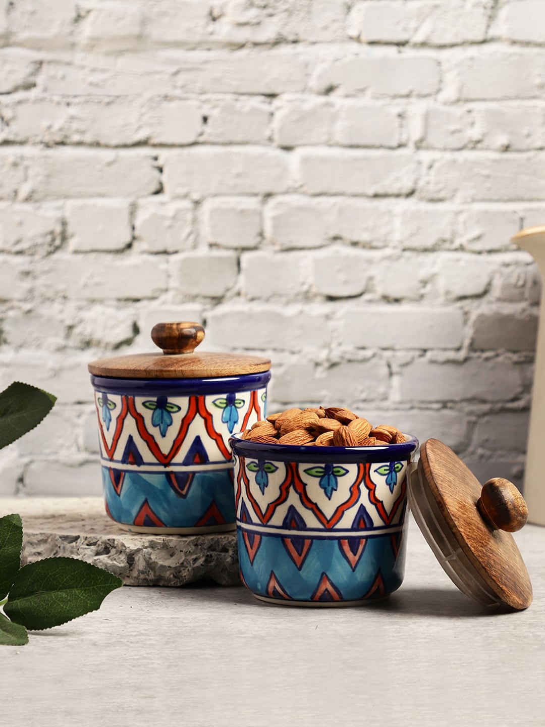 

VarEesha Set Of 2 Orange & Blue Ceramic Air Tight Jars With Wooden Lids, Multi