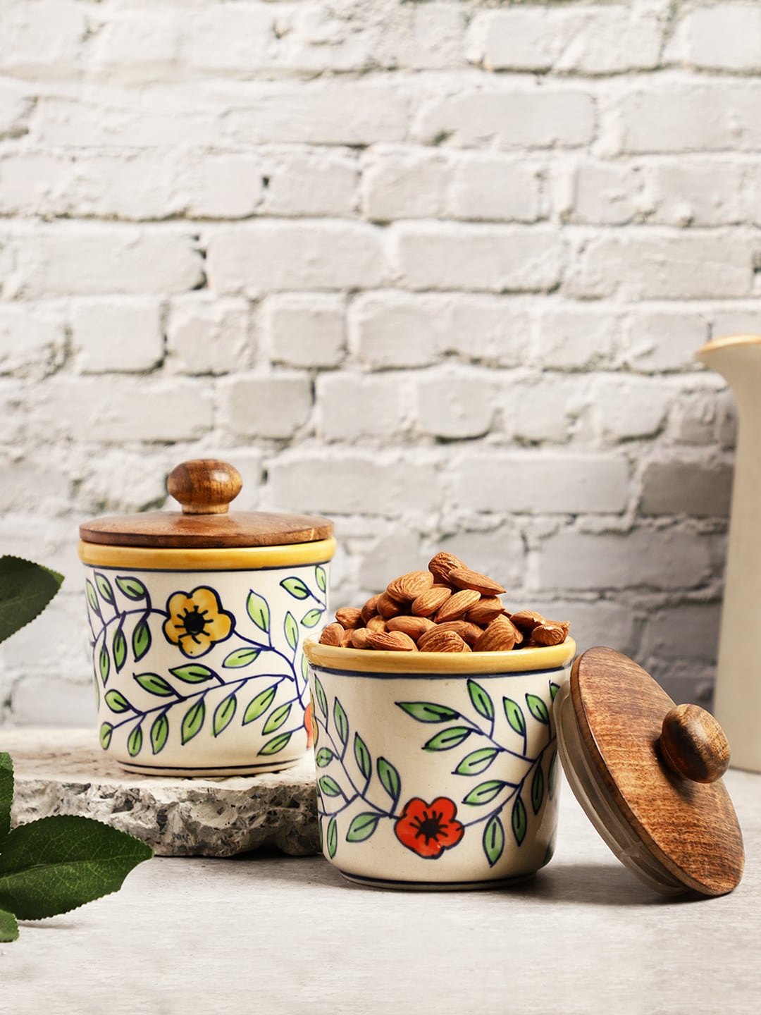 

VarEesha Cream-Color Hand Painted Air Tight Jars With Wooden Lids
