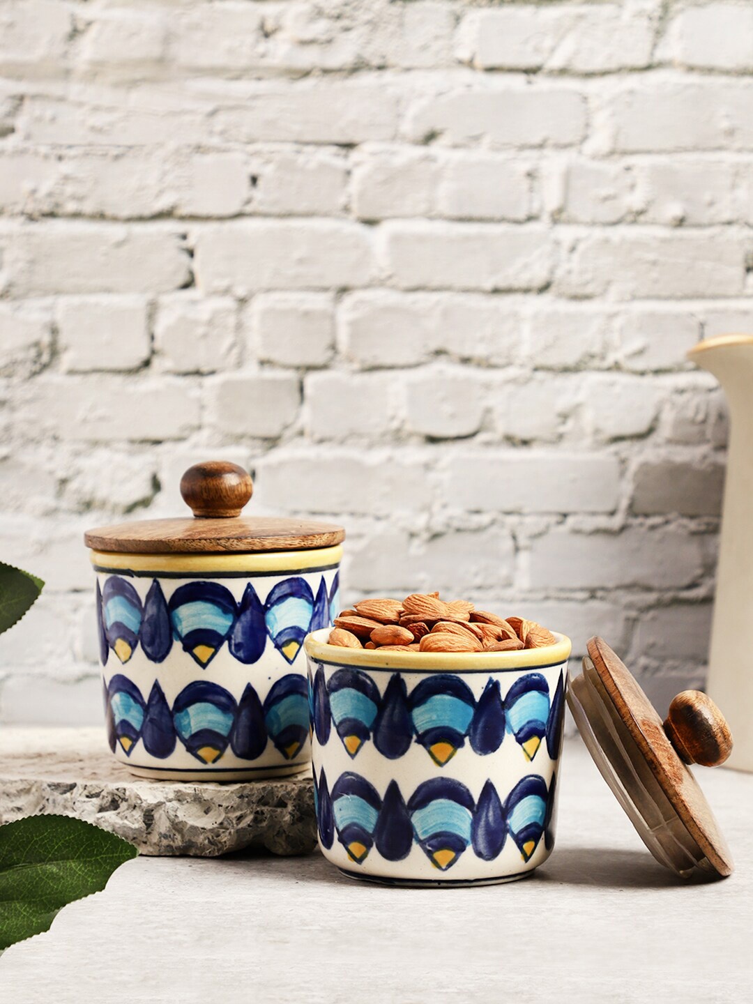 

VarEesha Set of 2 Blue Hand Painted Ceramic Air Tight Jars with Wooden Lids