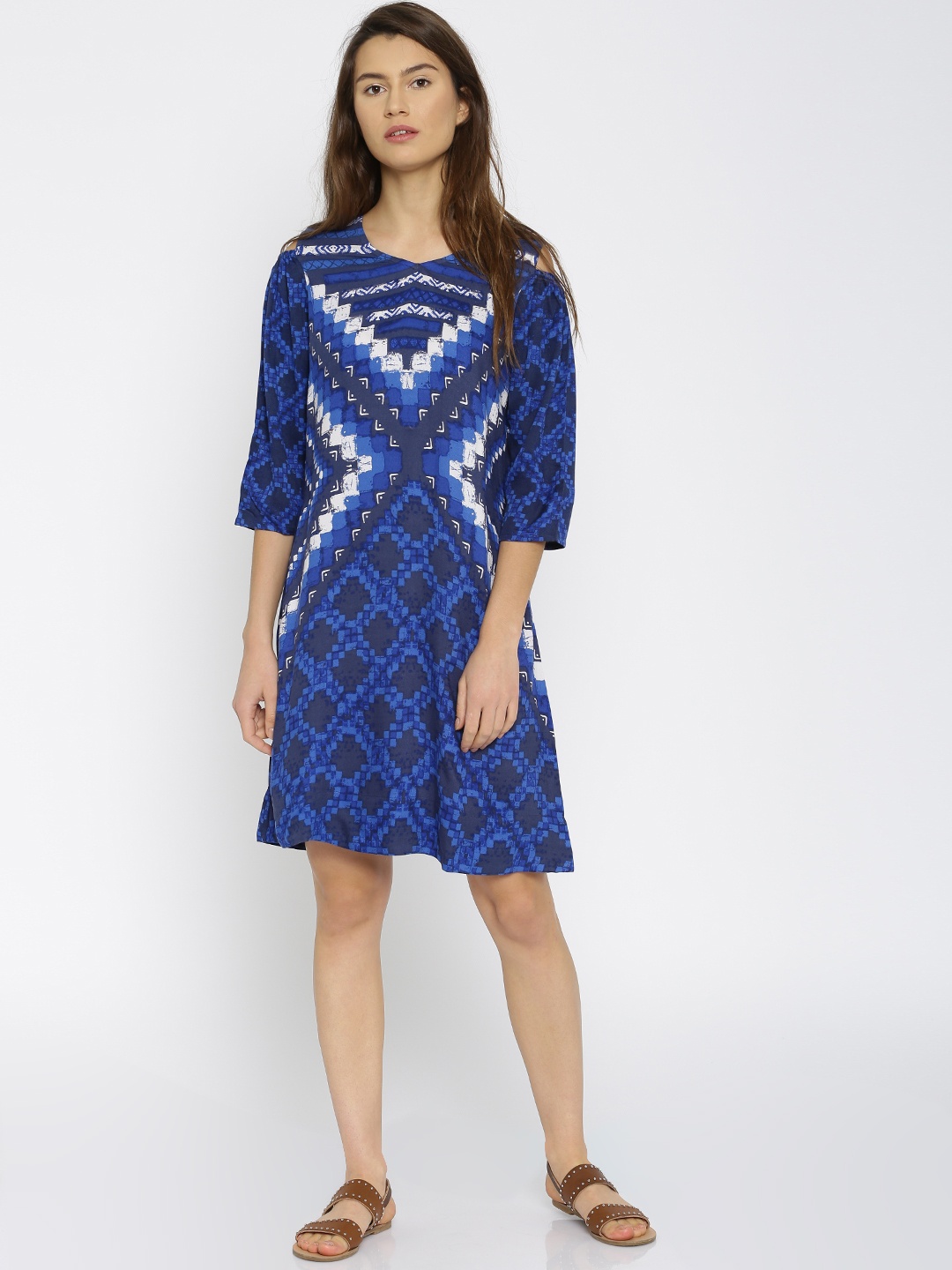 

Global Desi Women Blue Printed A-Line Dress