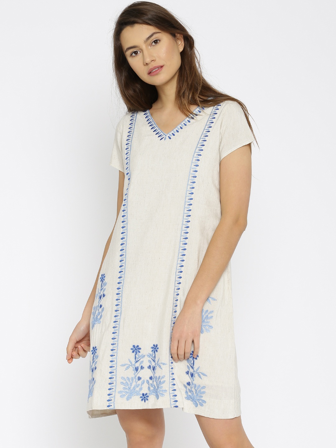 

Global Desi Women Off-White Self-Design A-Line Dress