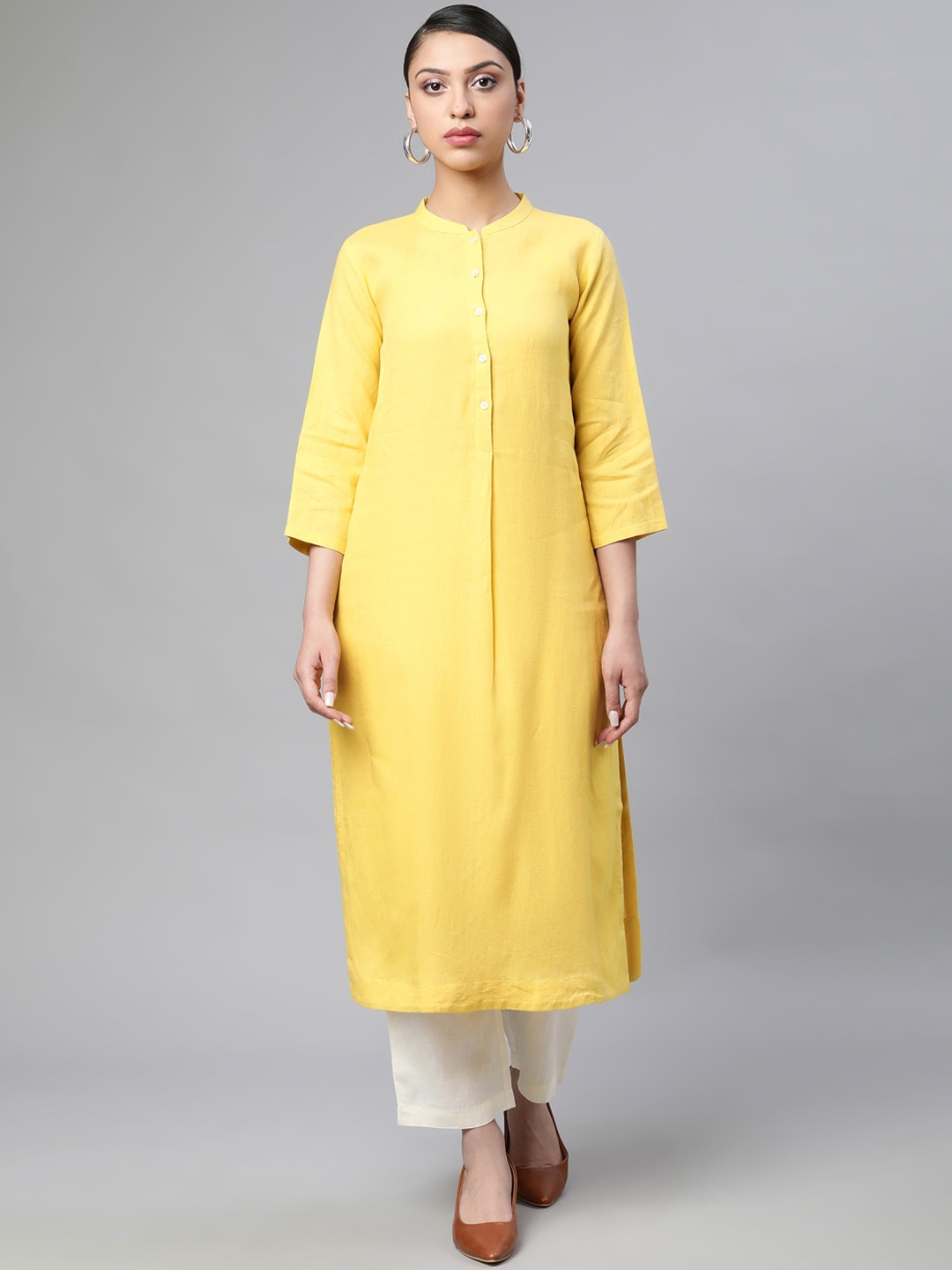 

Linen Club Woman Women Mustard Yellow Thread Work Sustainable Kurta