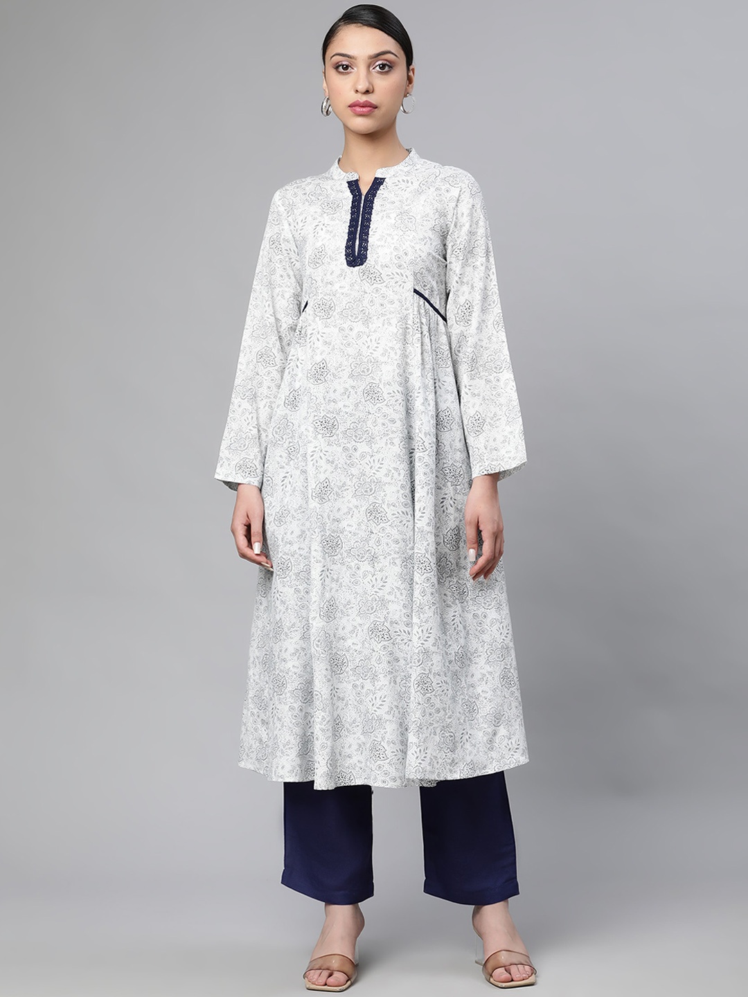 

Linen Club Woman Women Navy Blue Ethnic Motifs Printed Flared Sleeves Thread Work Sustainable Kurta