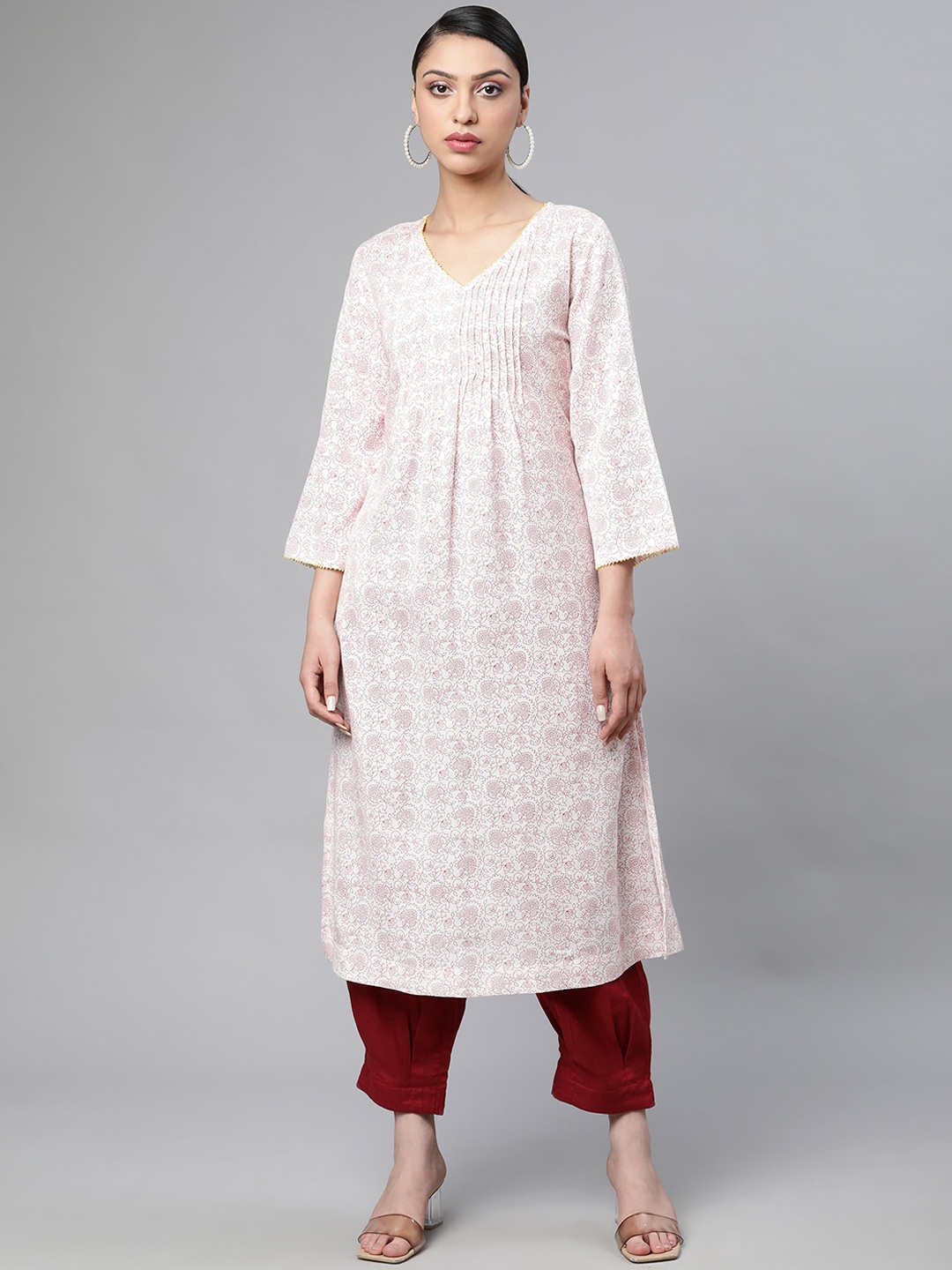 

Linen Club Woman Women Red Printed Pleated Linen Kurta with Trousers