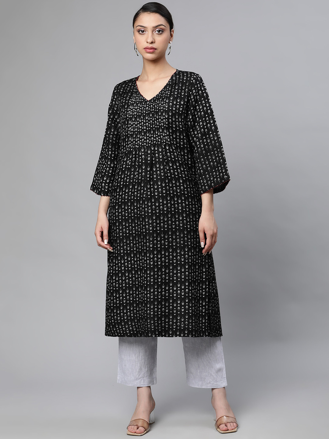 

Linen Club Woman Women Black Ethnic Motifs Printed Flared Sleeves Thread Work Sustainable Kurta