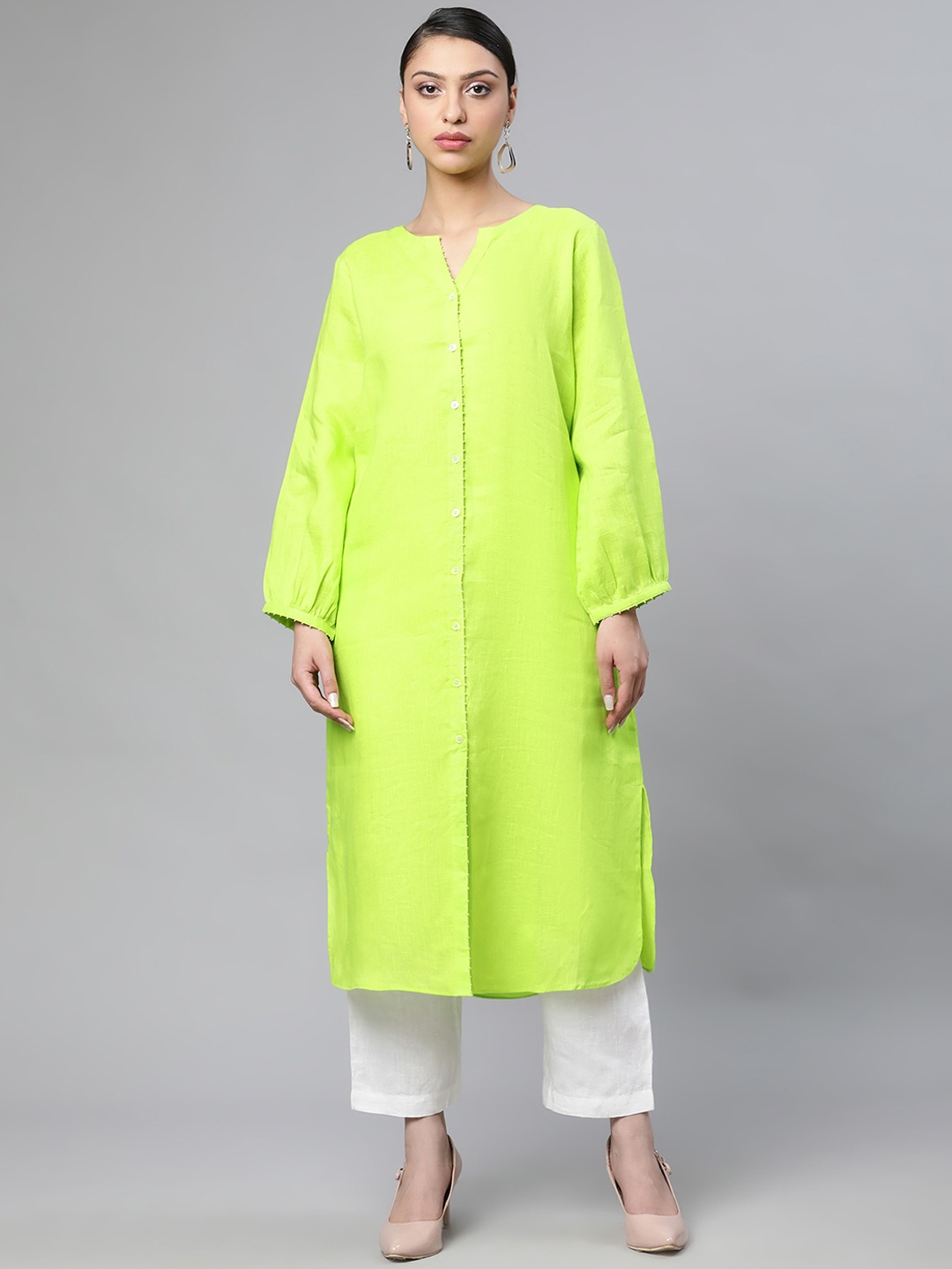 

Linen Club Woman Women Green Flared Sleeves Thread Work Sustainable Kurta
