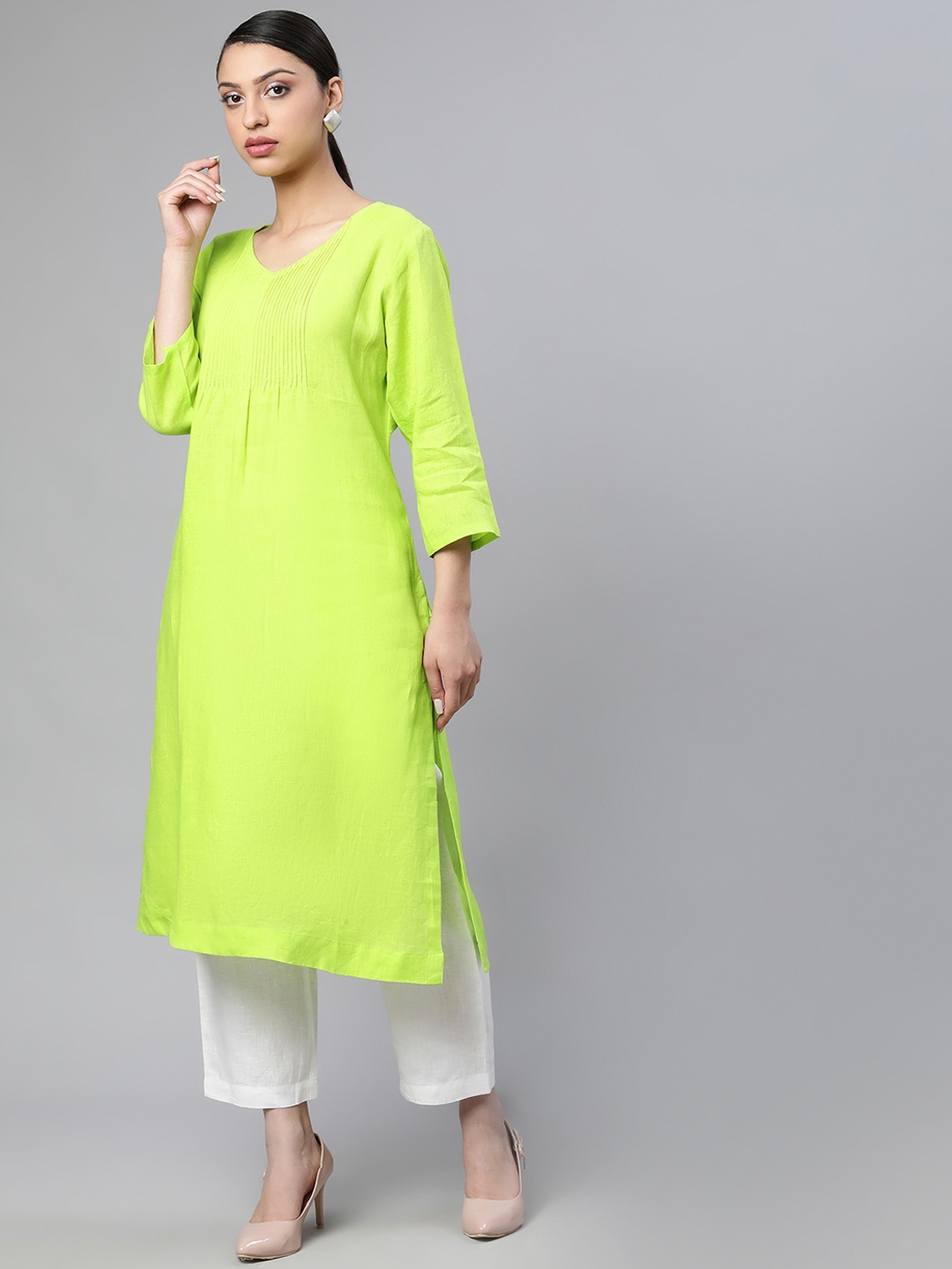 

Linen Club Woman Women Green Thread Work Sustainable Kurta