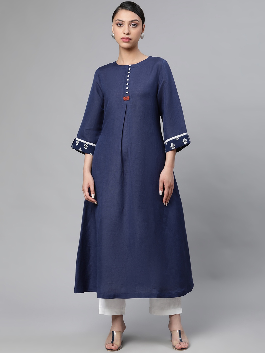 

Linen Club Woman Women Navy Blue Flared Sleeves Thread Work Kurta