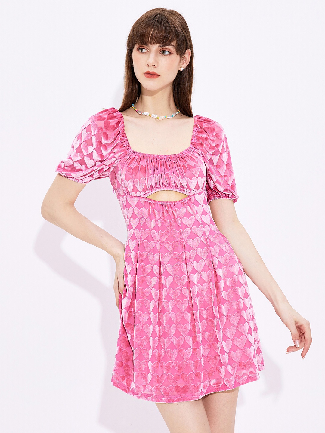 

URBANIC Pink Self Design Cutout Mini Dress