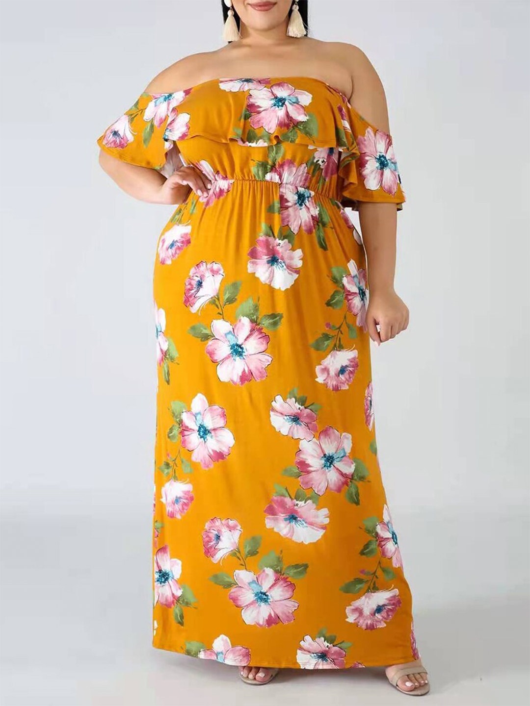 

URBANIC Yellow Floral Off-Shoulder Maxi Dress