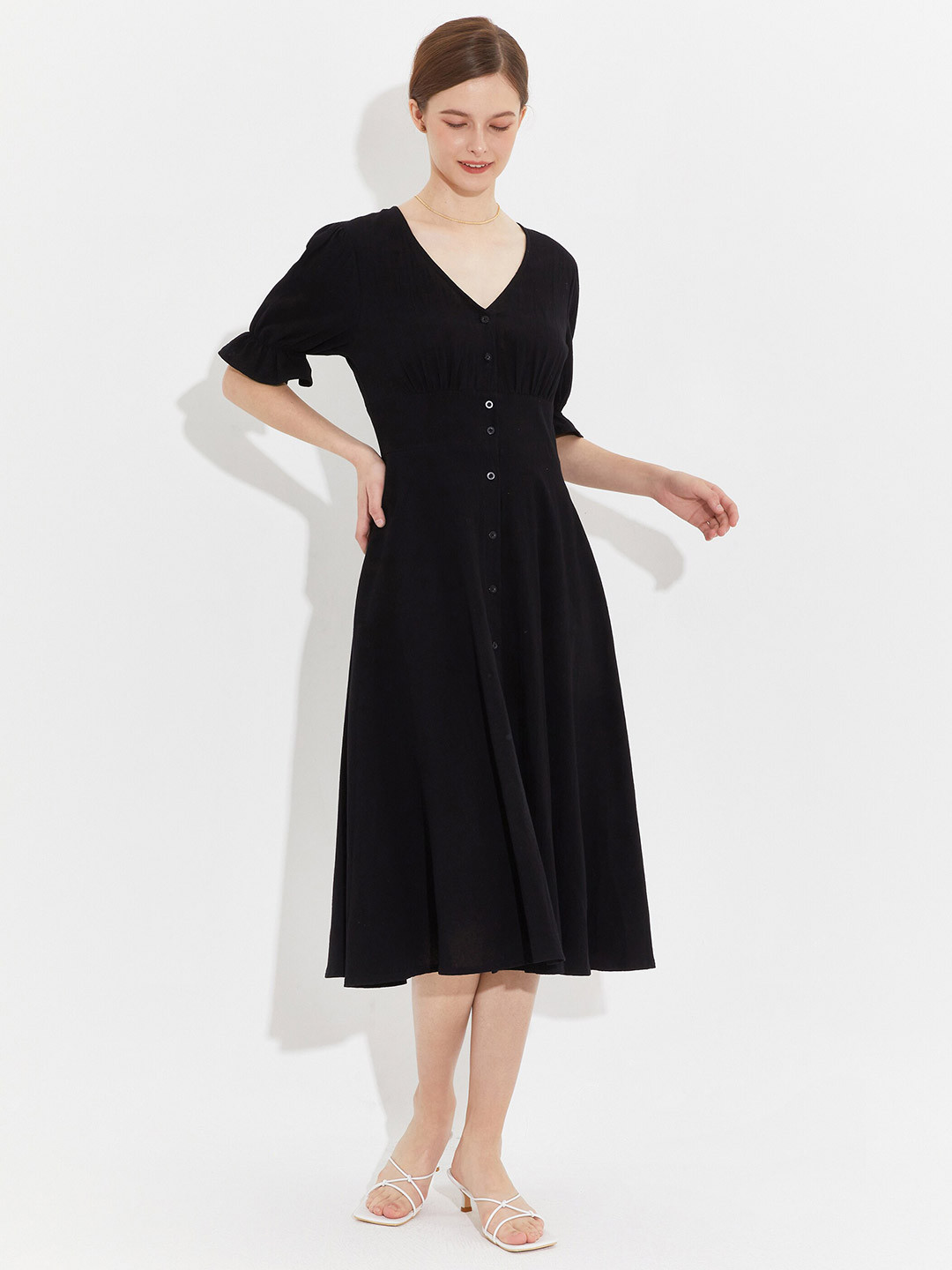 

URBANIC Women Black Solid V-Neck Cotton Midi Dress