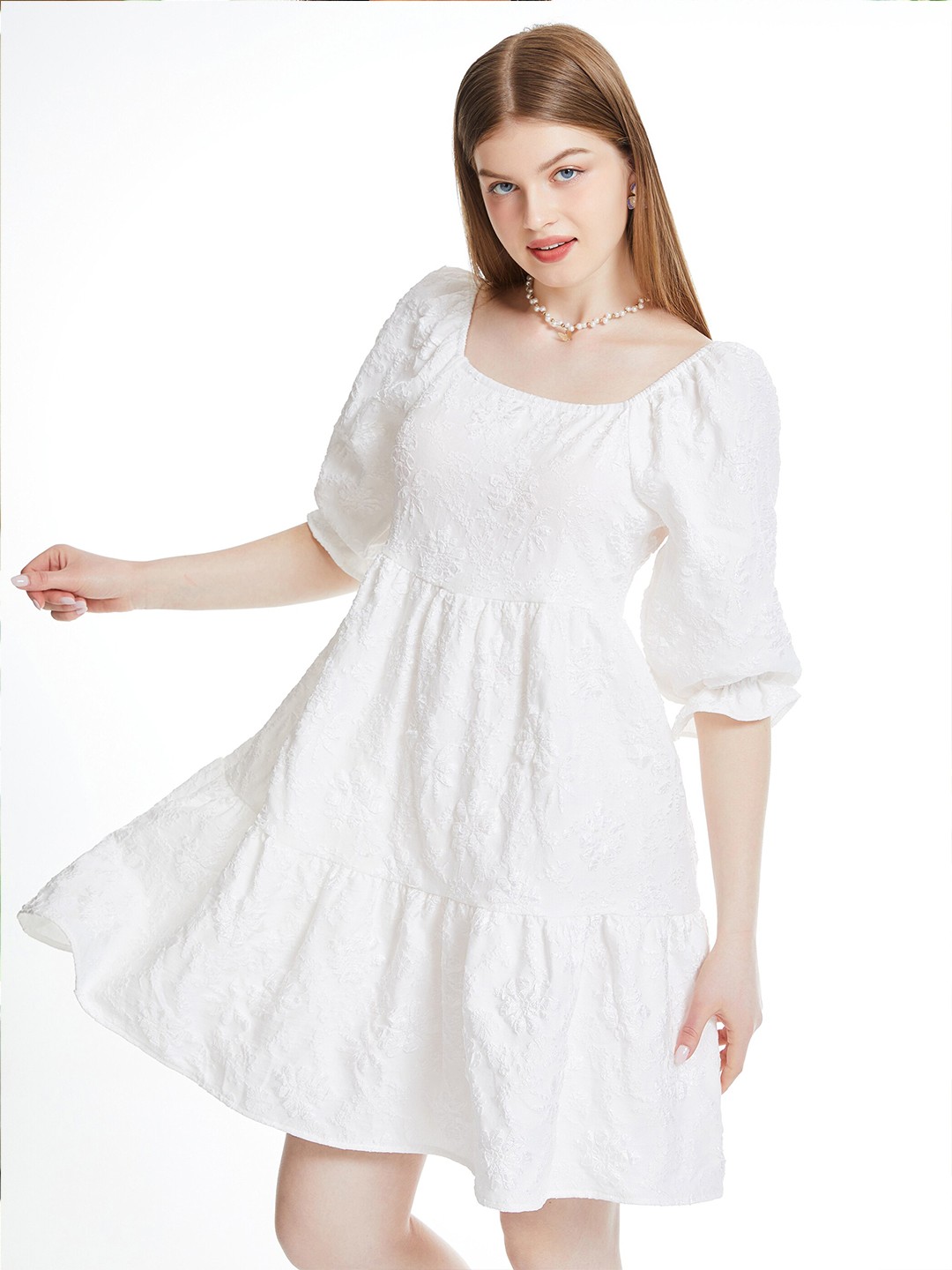 

URBANIC White Embroidered Puff Sleeves Fit & Flare Dress