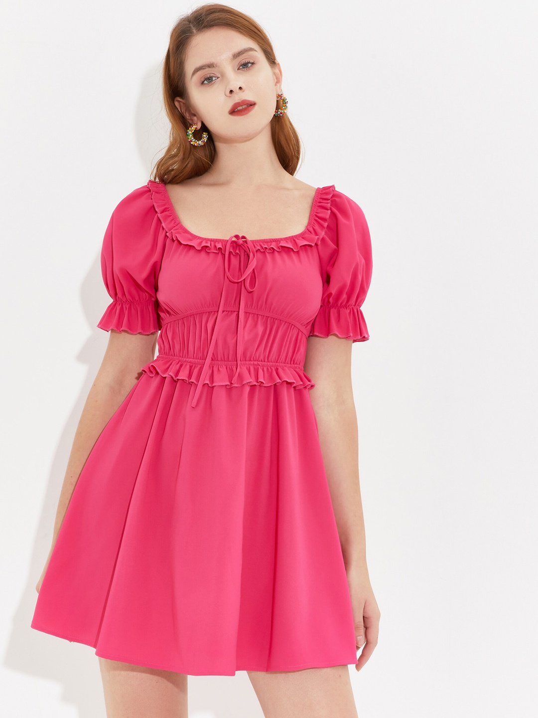 

URBANIC Women Rose Solid Tie-Up Neck Dress