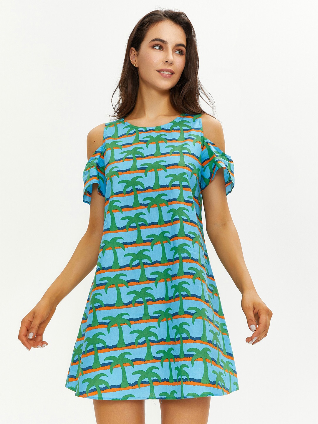 

URBANIC Blue Floral Cold-Shoulder Sleeves A-Line Cotton Dress