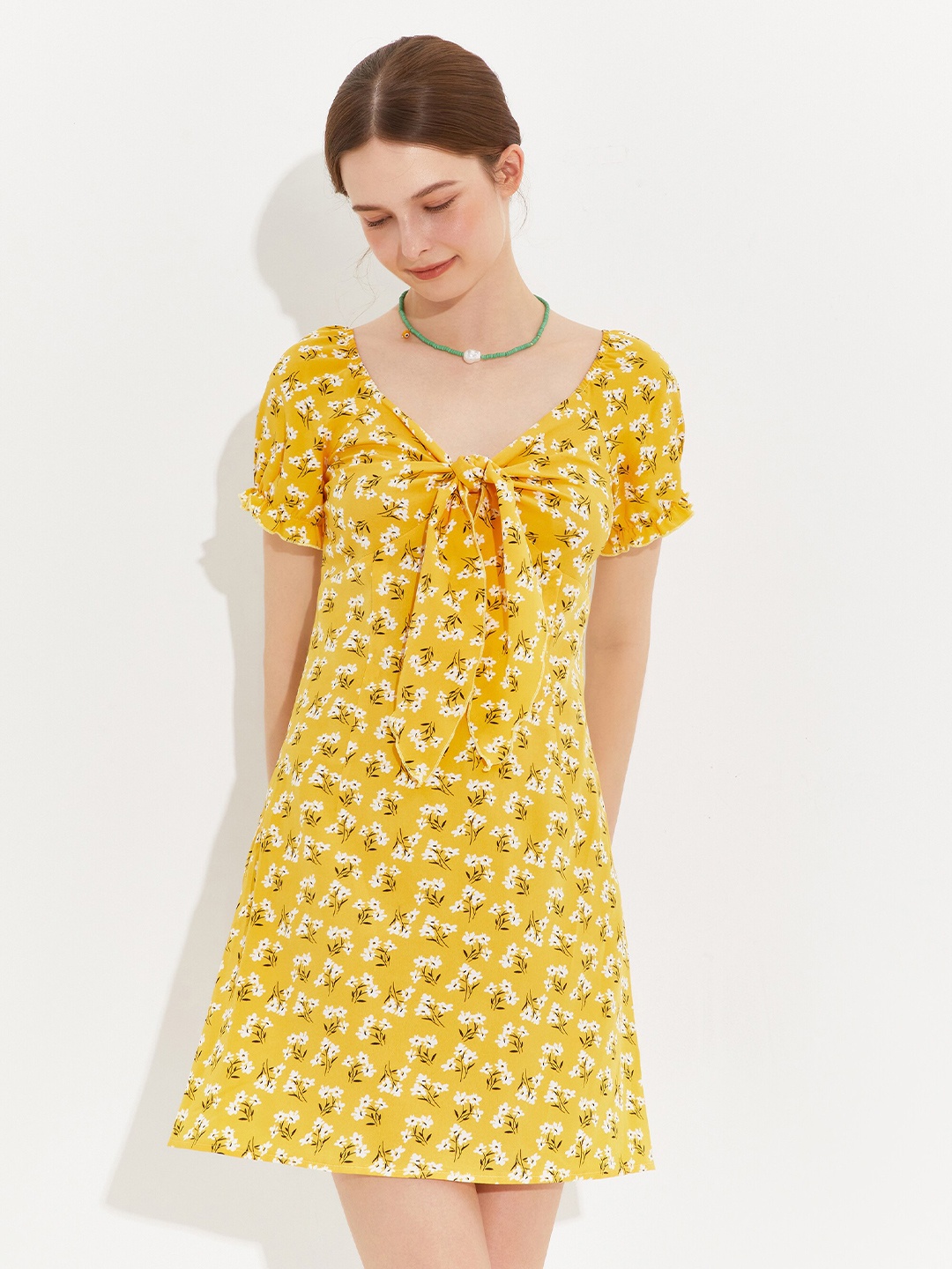 

URBANIC Yellow Floral A-Line Mini Dress