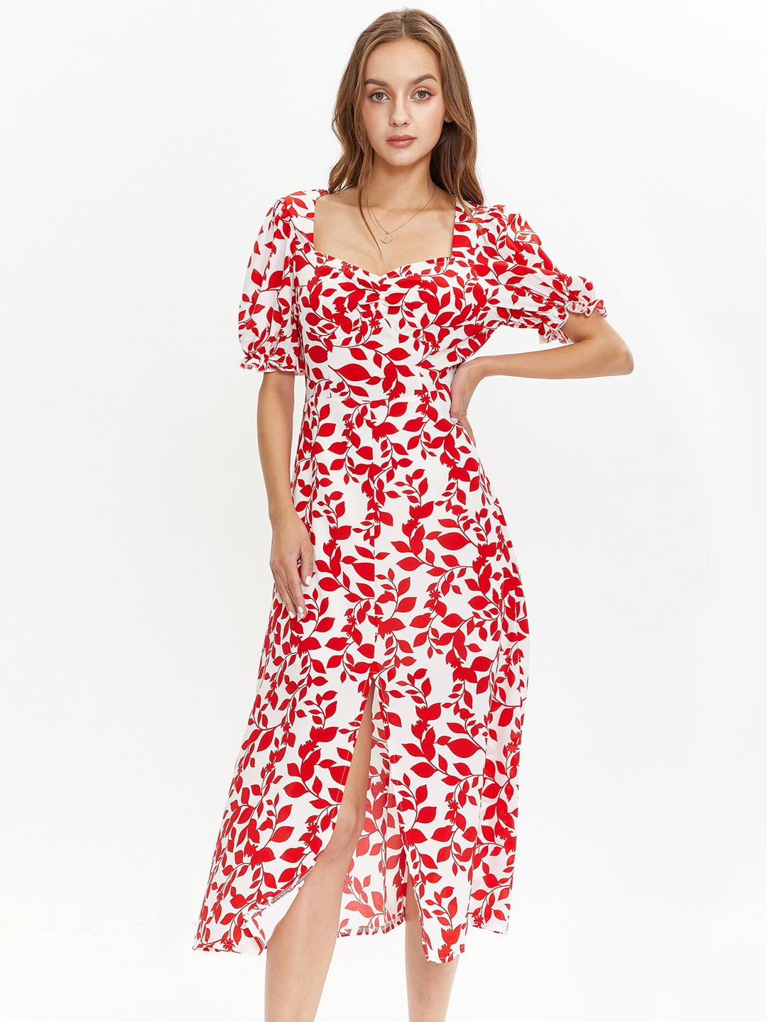 

URBANIC Red & White Printed A-Line Midi Dress