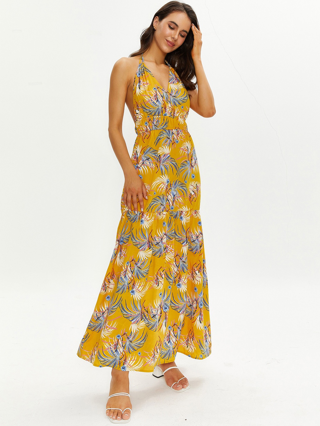 

URBANIC Yellow Floral Maxi Dress