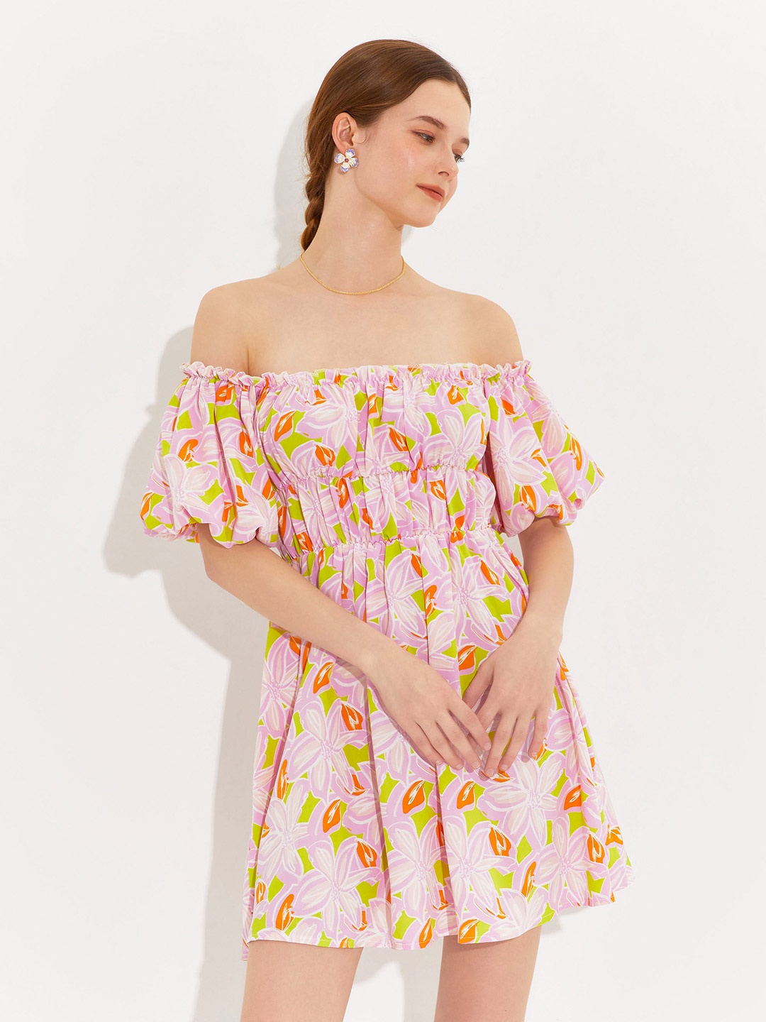 

URBANIC Pink & Orange Floral Off-Shoulder Fit & Flare Mini Dress