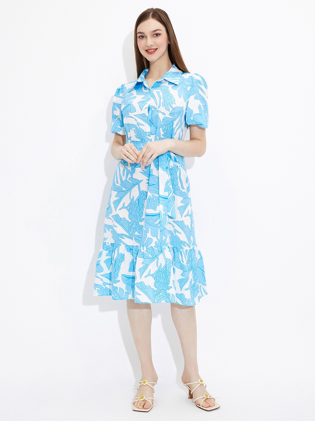 

URBANIC Blue & White Floral Shirt Dress