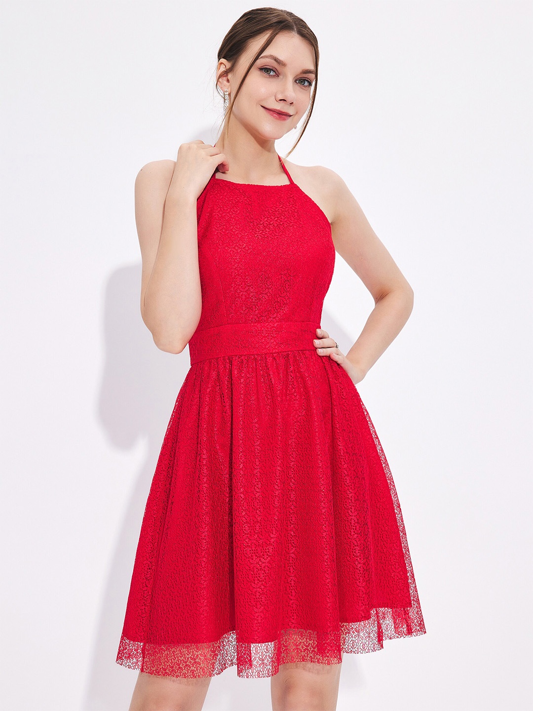 

URBANIC Women Red Self Design Tie-Up Neck Dress