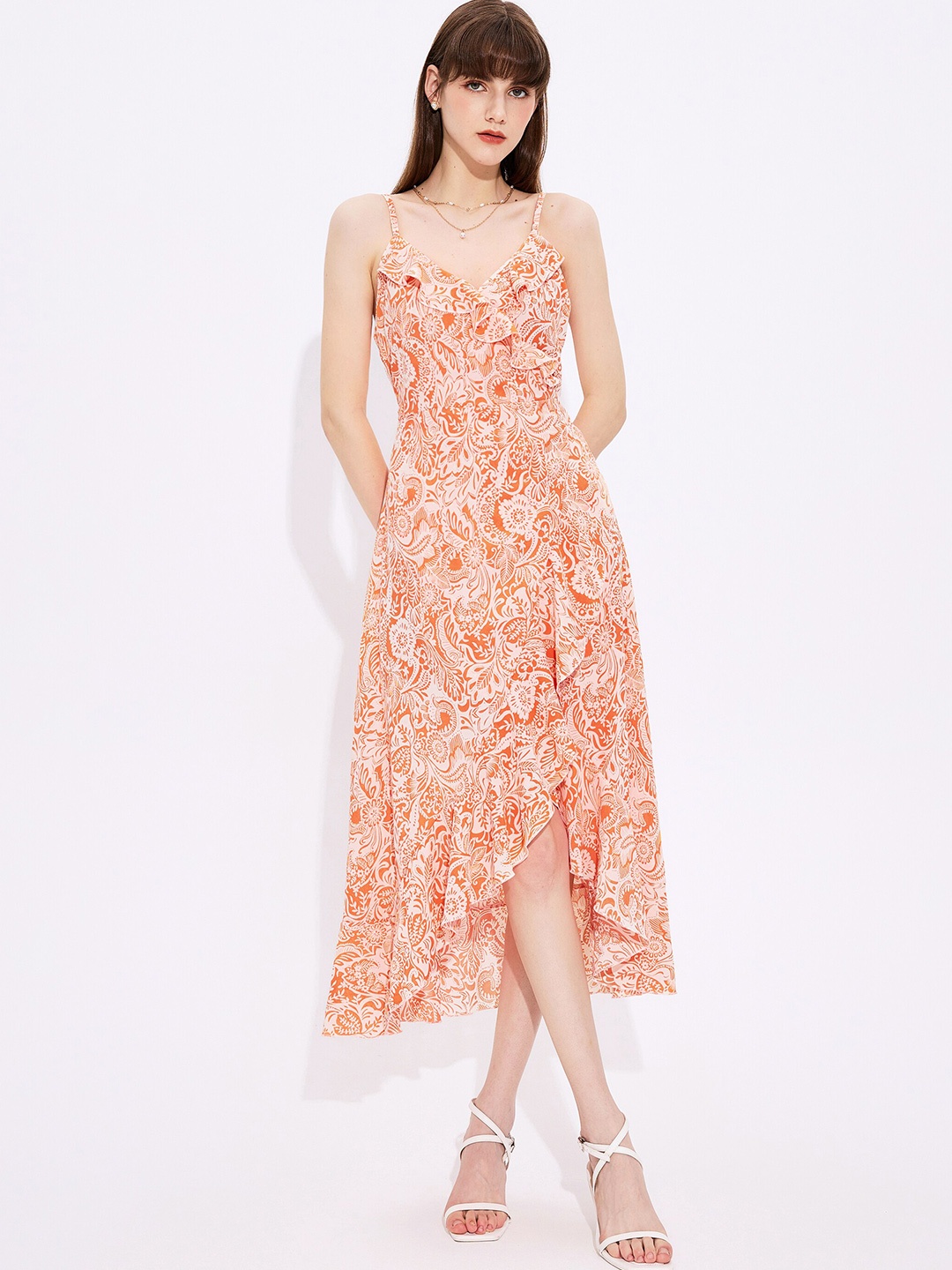 

URBANIC Orange Floral Midi Dress