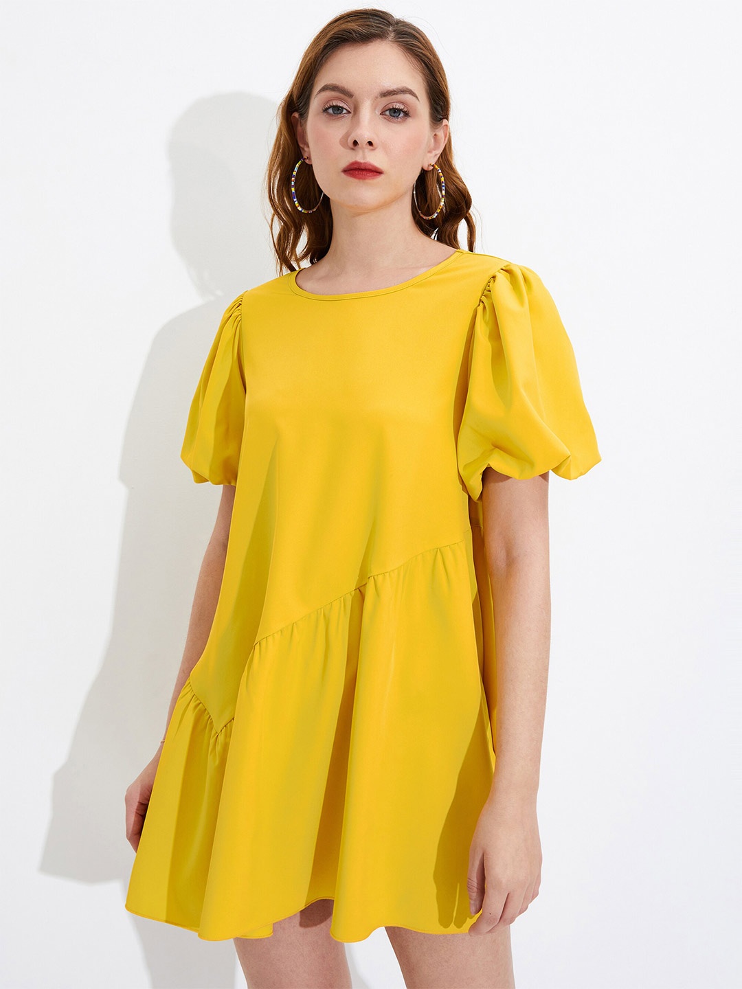 

URBANIC Yellow Solid Asymmetric Pleated A-Line Dress