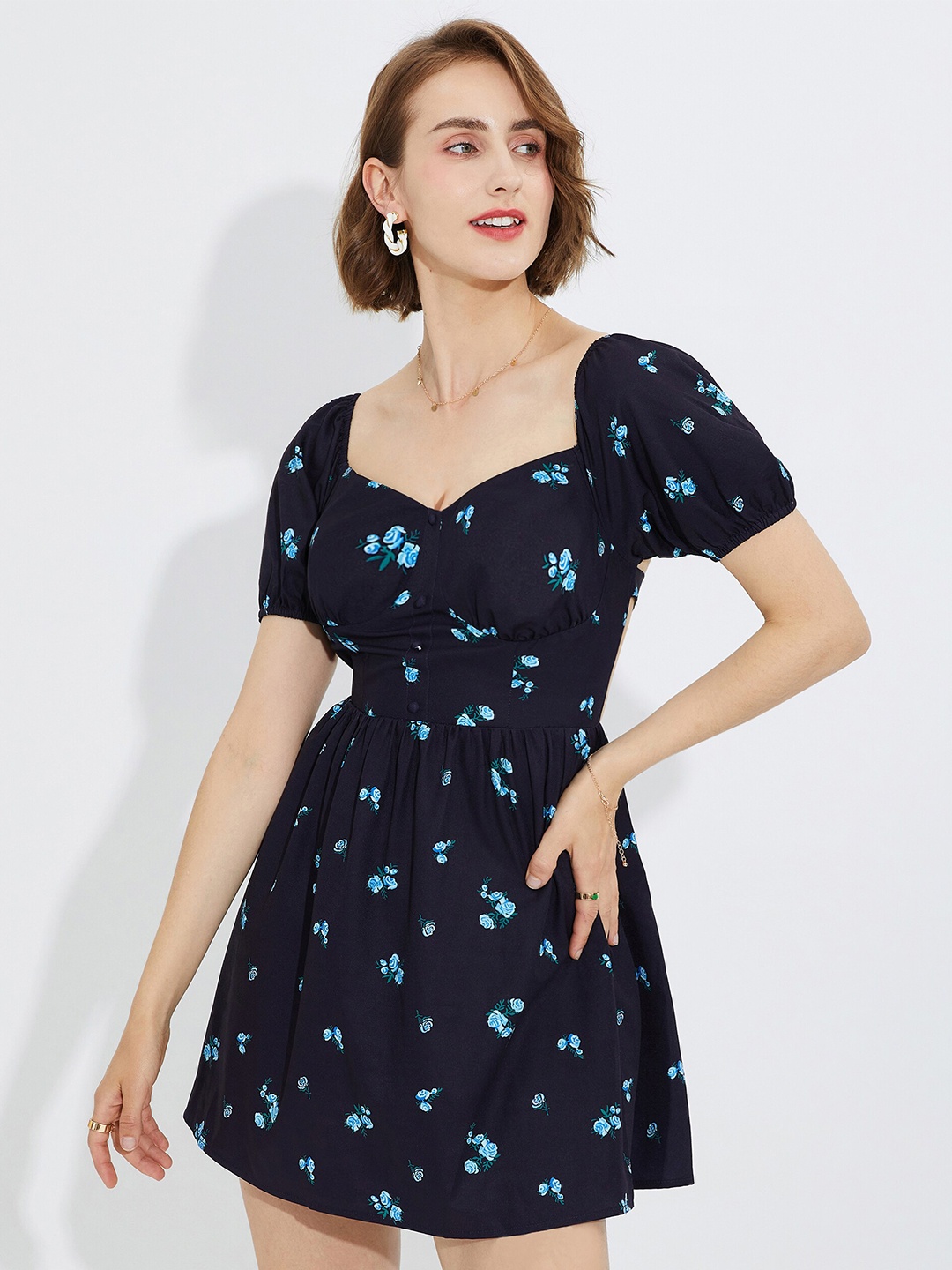 

URBANIC Blue Floral Sweetheart Neck Fit and Flare Dress