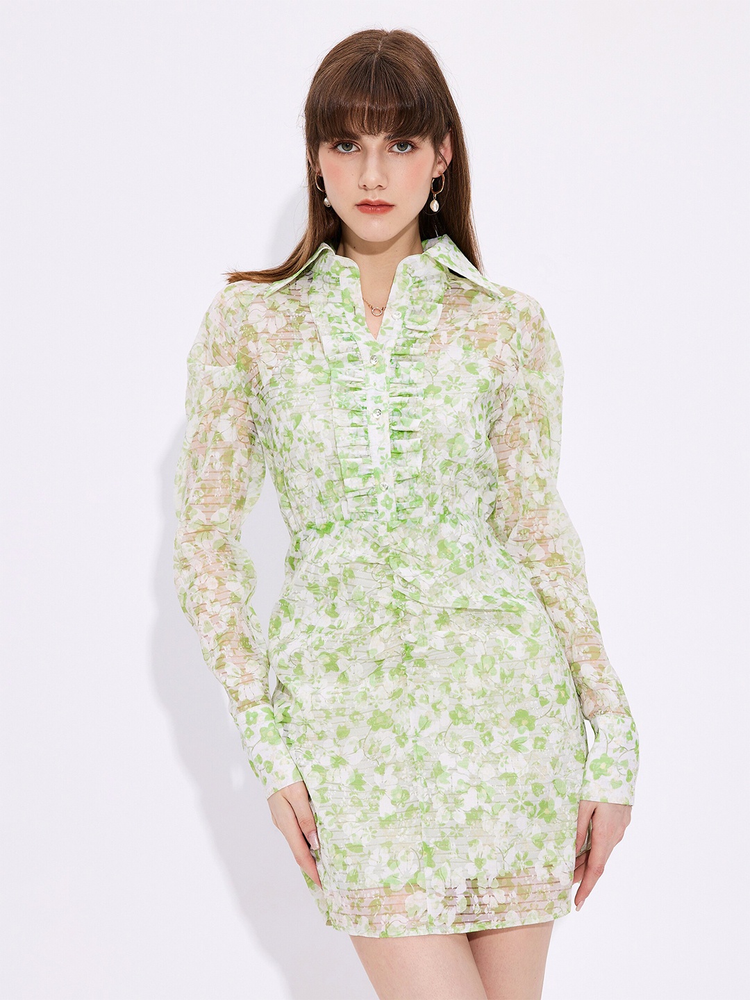 

URBANIC Green & White Floral Shirt Mini Dress