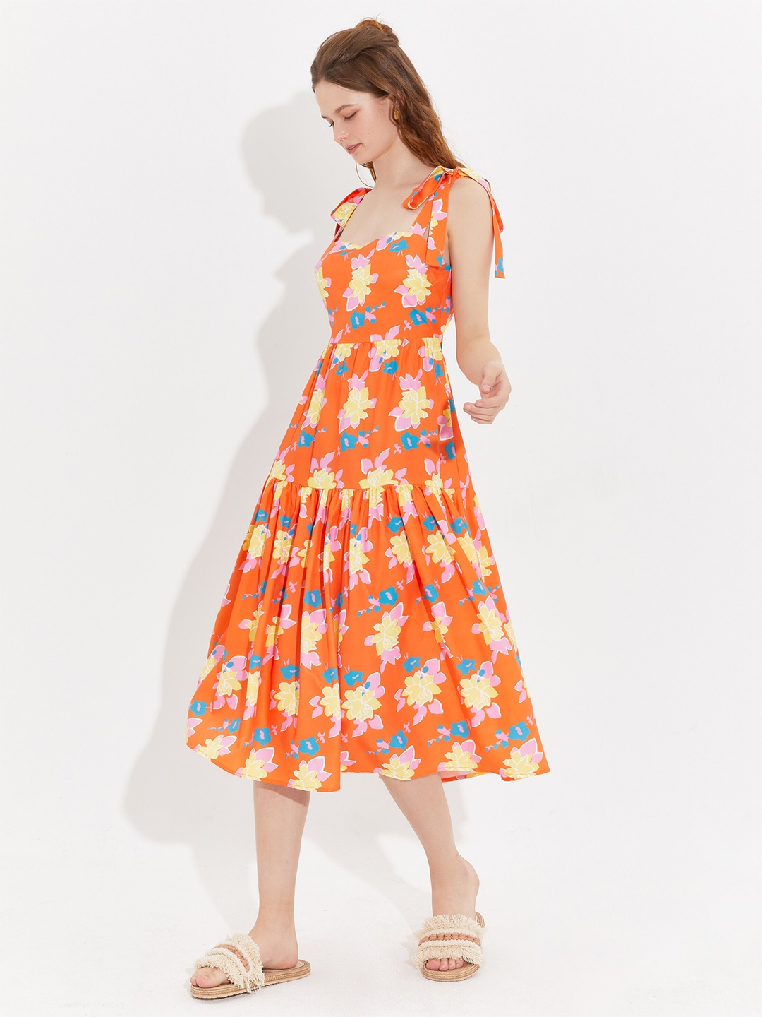 URBANIC Orange & Yellow Floral Fit & Flare Midi Dress
