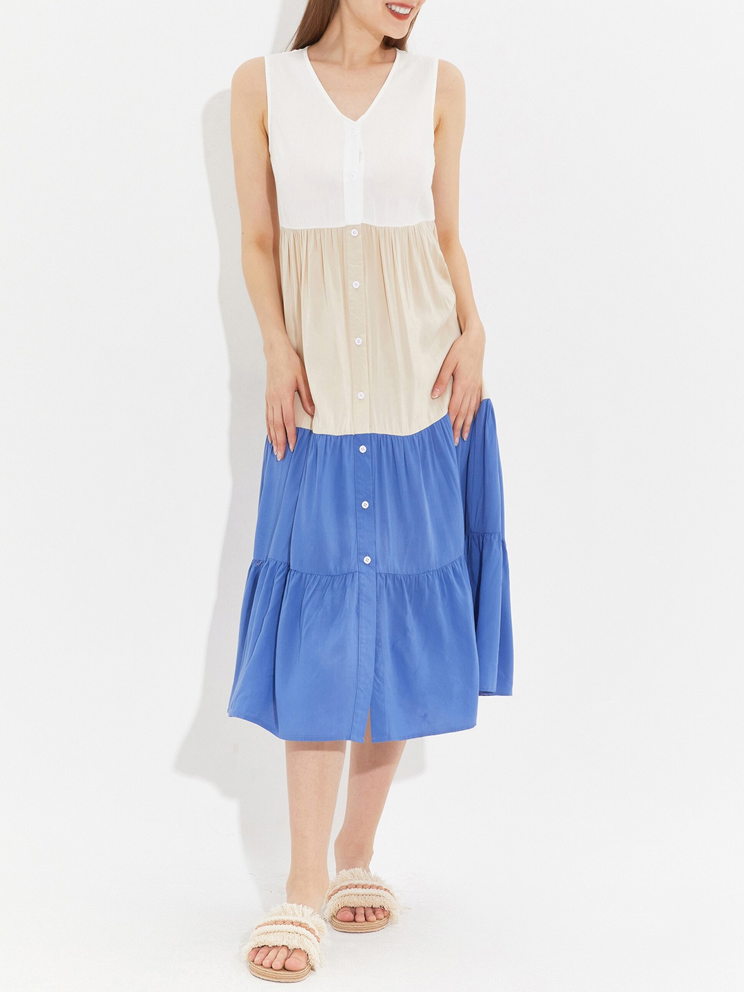 

URBANIC White & Beige Colourblocked A-Line Dress