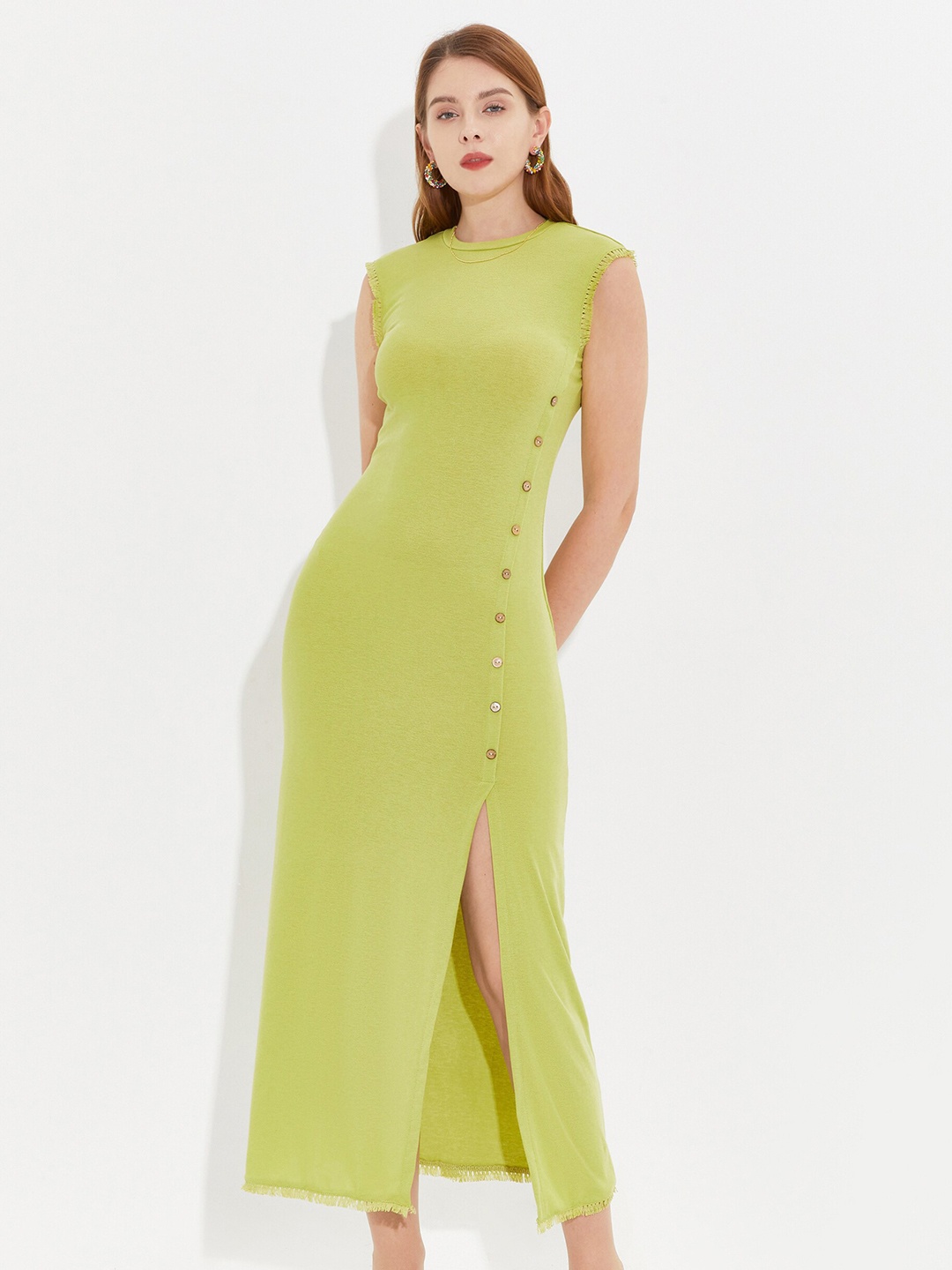 

URBANIC Green Front Slit Maxi Dress