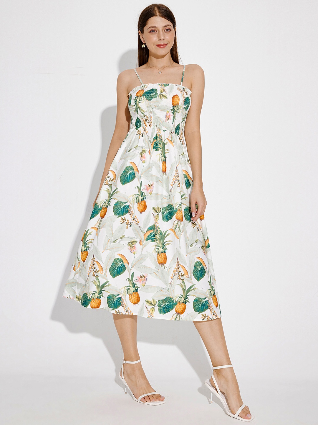 

URBANIC Green & White Floral Smocked Midi Dress