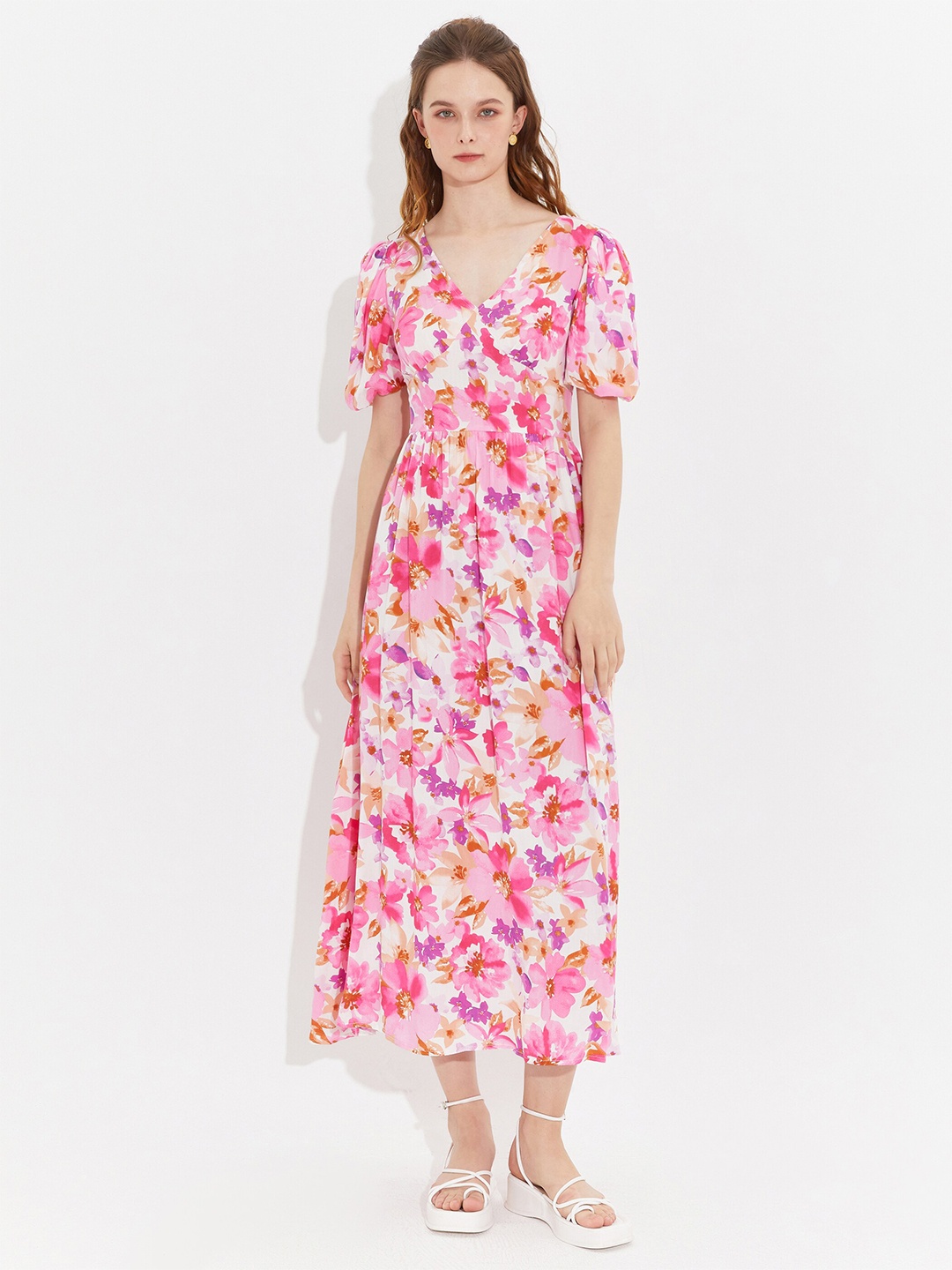 

URBANIC Pink & White Floral Midi Dress