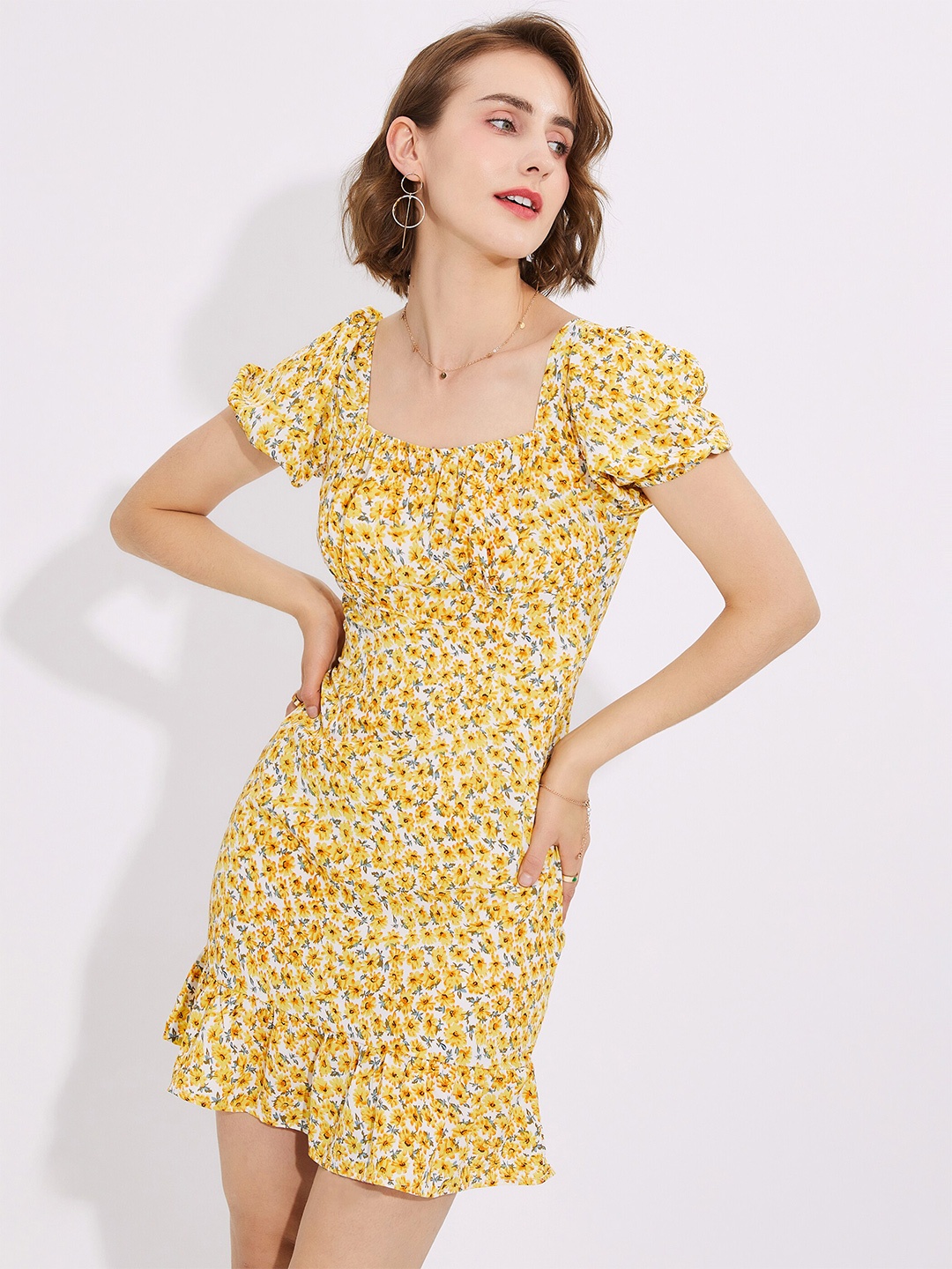 

URBANIC Yellow Floral A-Line Dress