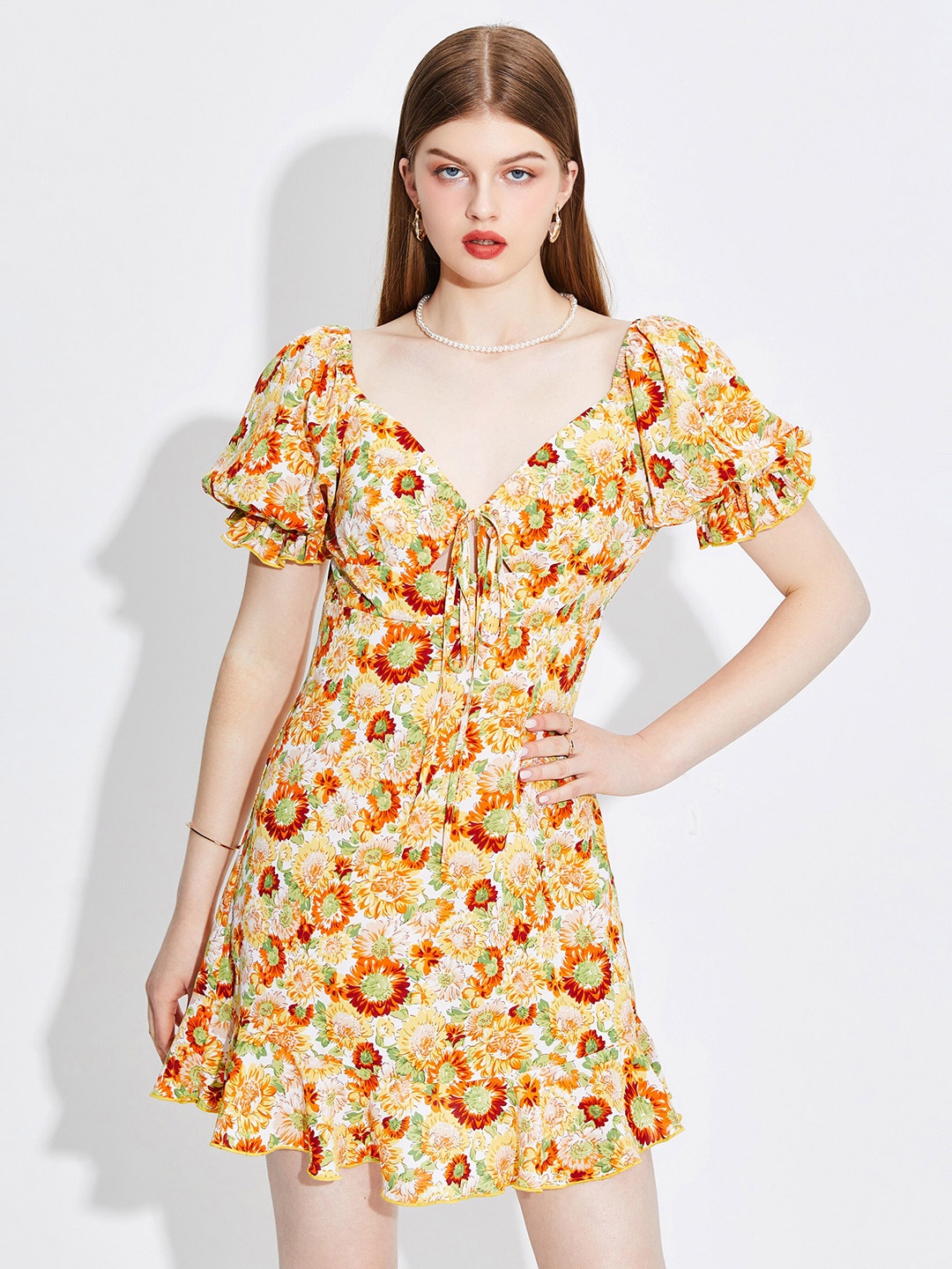 

URBANIC Orange & Yellow Floral Printed Tie-Up Neck A-Line Mini Dress